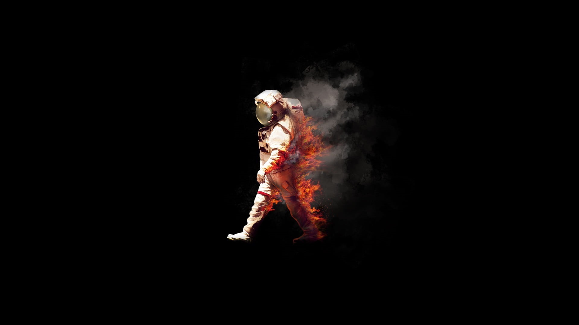 strength, abstract, space, spaceman, spacesuit, 1080P, smoke - physical structure, one person, motion, bizarre, fire, astronaut, costume, nature, obscured face, HD Wallpaper