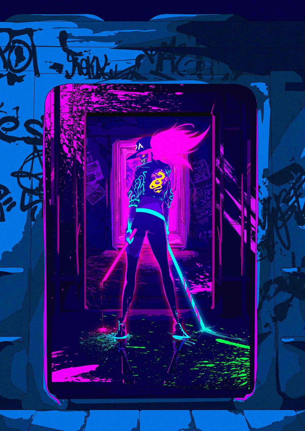 illustration, oni mask, neon, 2D, Video Game Art, video games, 720P, looking at viewer, League of Legends, women, looking over shoulder, Berry Verrine, Phone HD Wallpaper