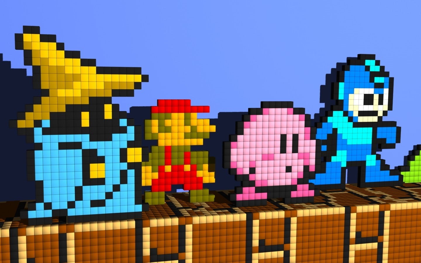 outdoors, blue, city, photo, Black Mage, building exterior, closeup, block, Super Mario, mario, graphic, Mega Man, clear sky, geometric shape, Kirby, super, HD Wallpaper
