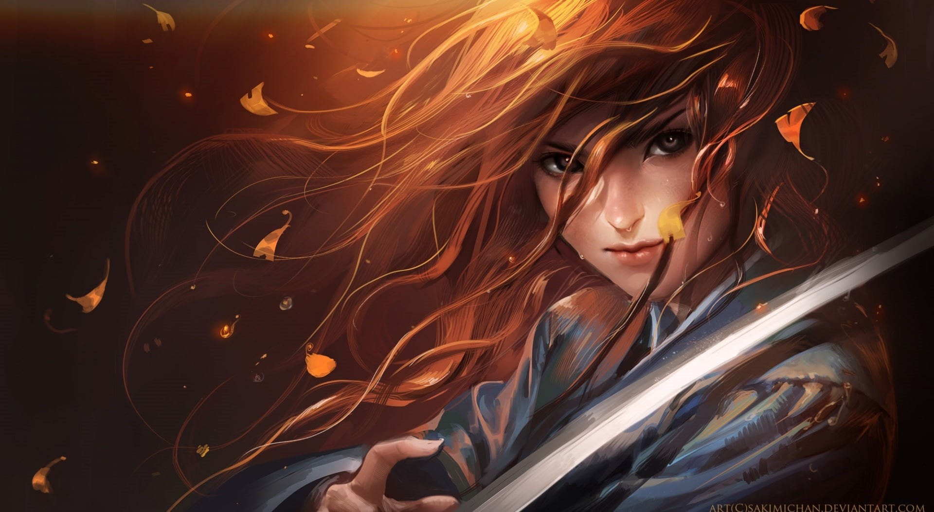 beauty, portrait, headshot, artwork, illuminated, young women, casual clothing, beautiful woman, red haired, sitting, sword, night, black background, hair, HD Wallpaper