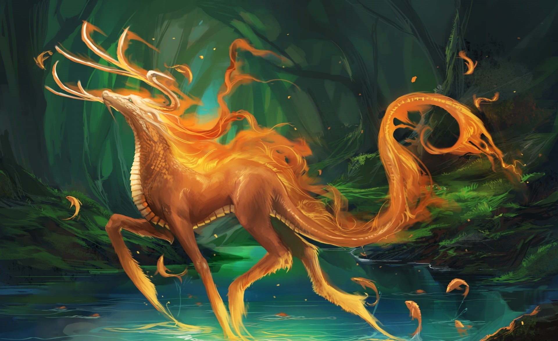 orange color, beautiful, creature, horse, cg art, one animal, sea, kirin, 1080P, underwater, no people, marine, animals in the wild, Fantasy, motion, animal wildlife, HD Wallpaper