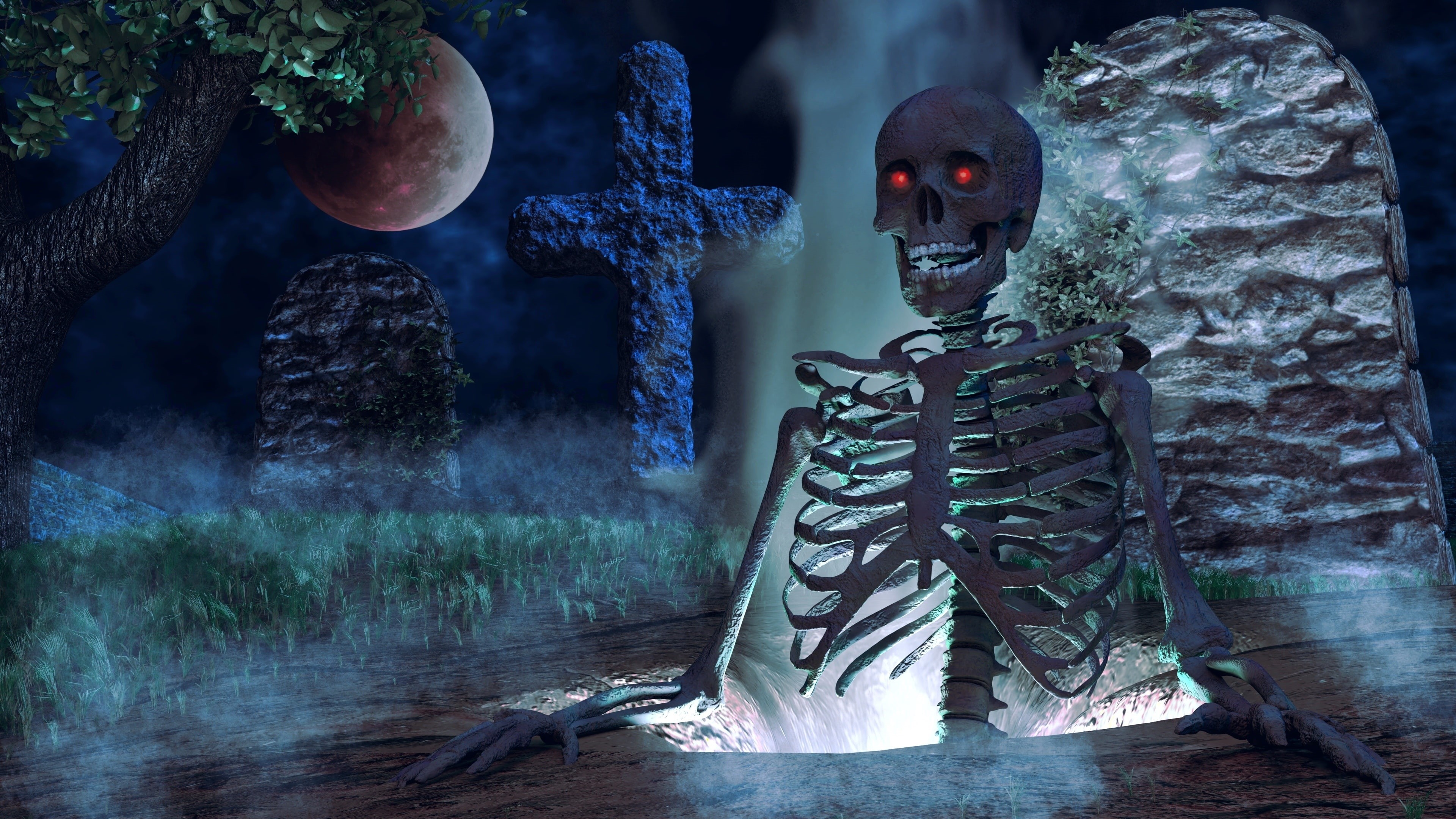 halloween, tombstone, darkness, cg artwork, red eyes, cemetery, halloween night, full moon, gravestone, 4K, scary, water, halloween art, skeleton, headstone, HD Wallpaper