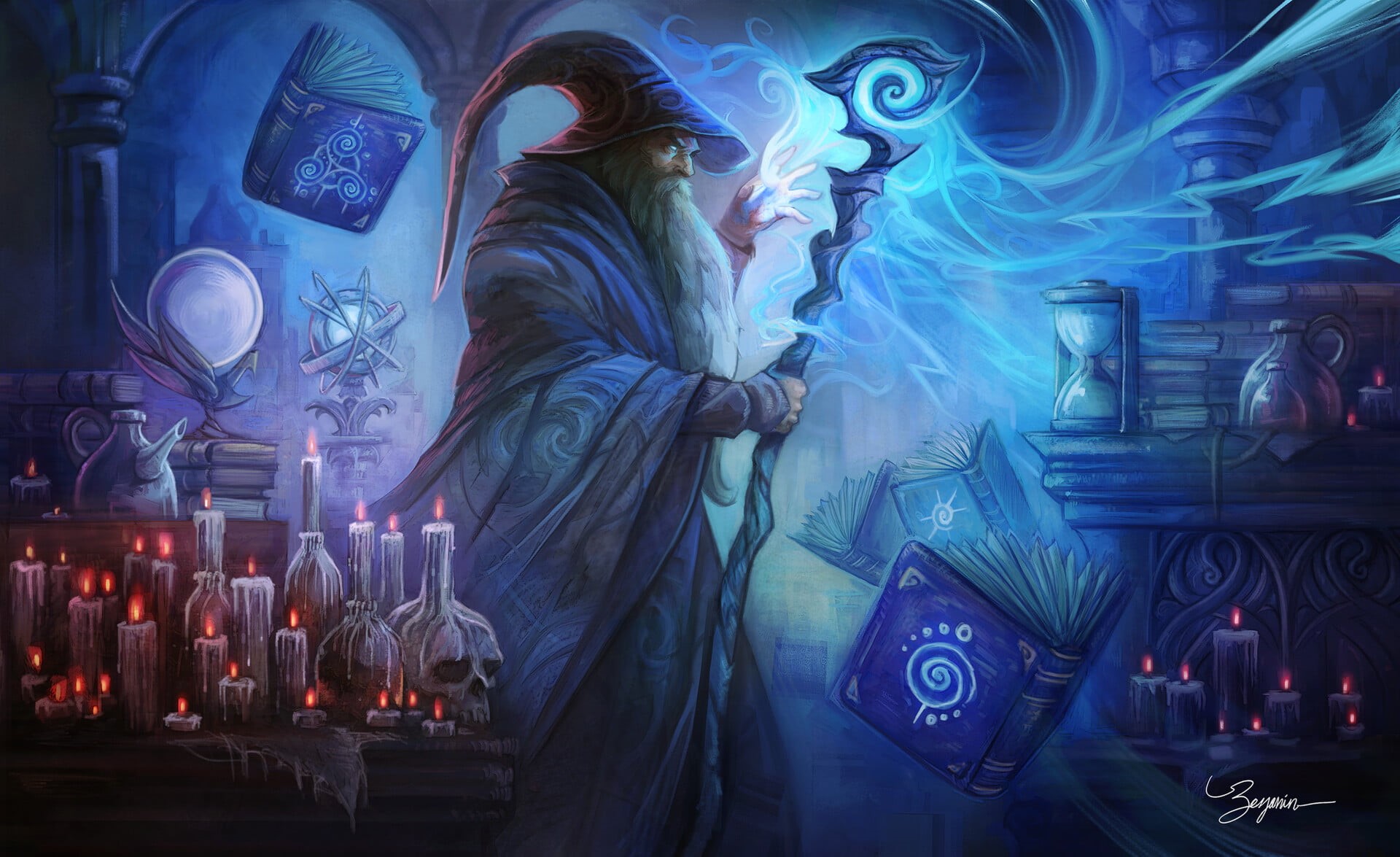 Magic, Skull, Book, Fantasy, 1080P, Candle, Man, Wizard, HD Wallpaper