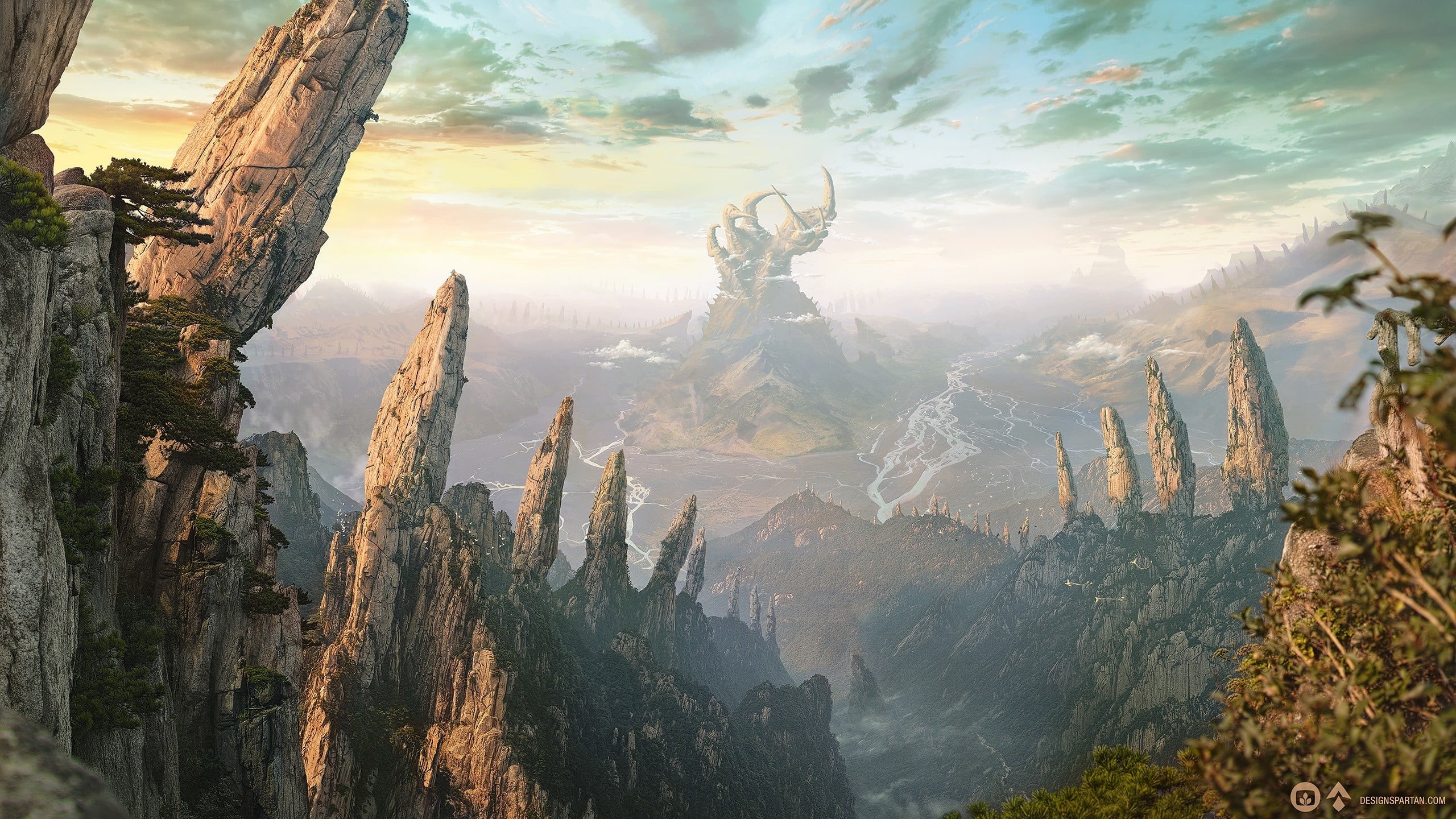 tranquil scene, rock, beauty in nature, environment, digital art, fantasy art, day, mountain range, artwork, cloud - sky, mountain, tranquility, nature, HD Wallpaper