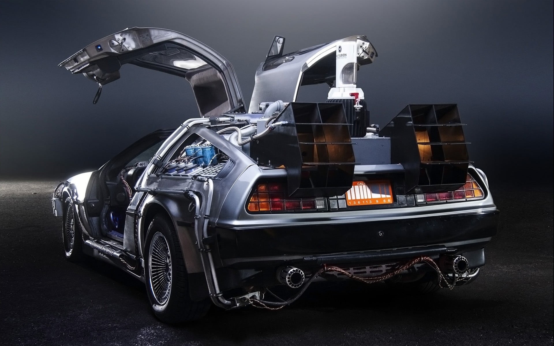silver colored, future, 1080P, gray, chrome, car, DeLorean, wheel, stationary, road, illuminated, movies, transportation, metal, mode of transportation, HD Wallpaper