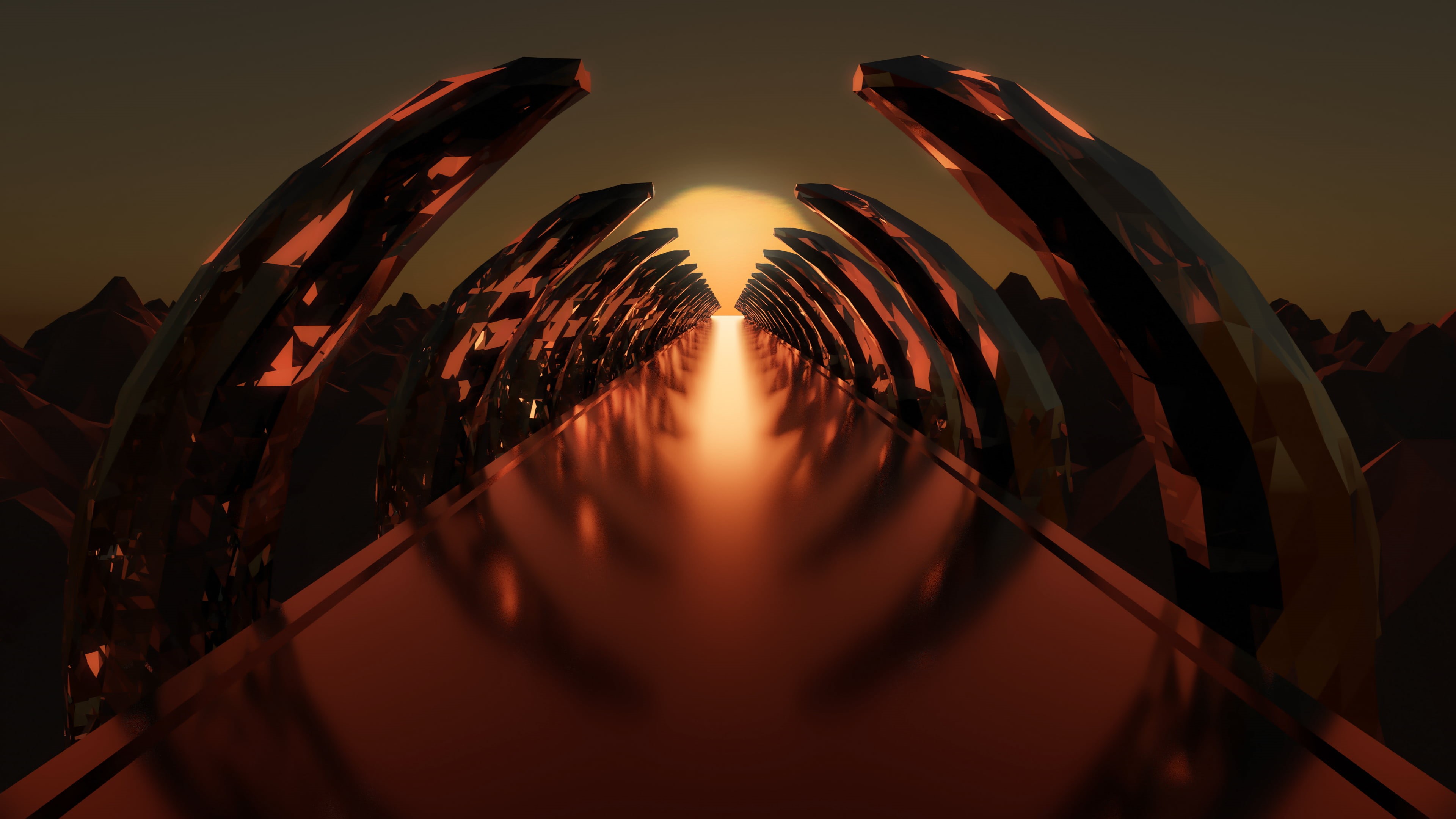 symmetry, reflection, street, evening, digital art, abstract, digital, lights, sun rays, landscape, sunset, cyber, artwork, sunrise, 3D, morning, 4K, 3D Abstract, HD Wallpaper
