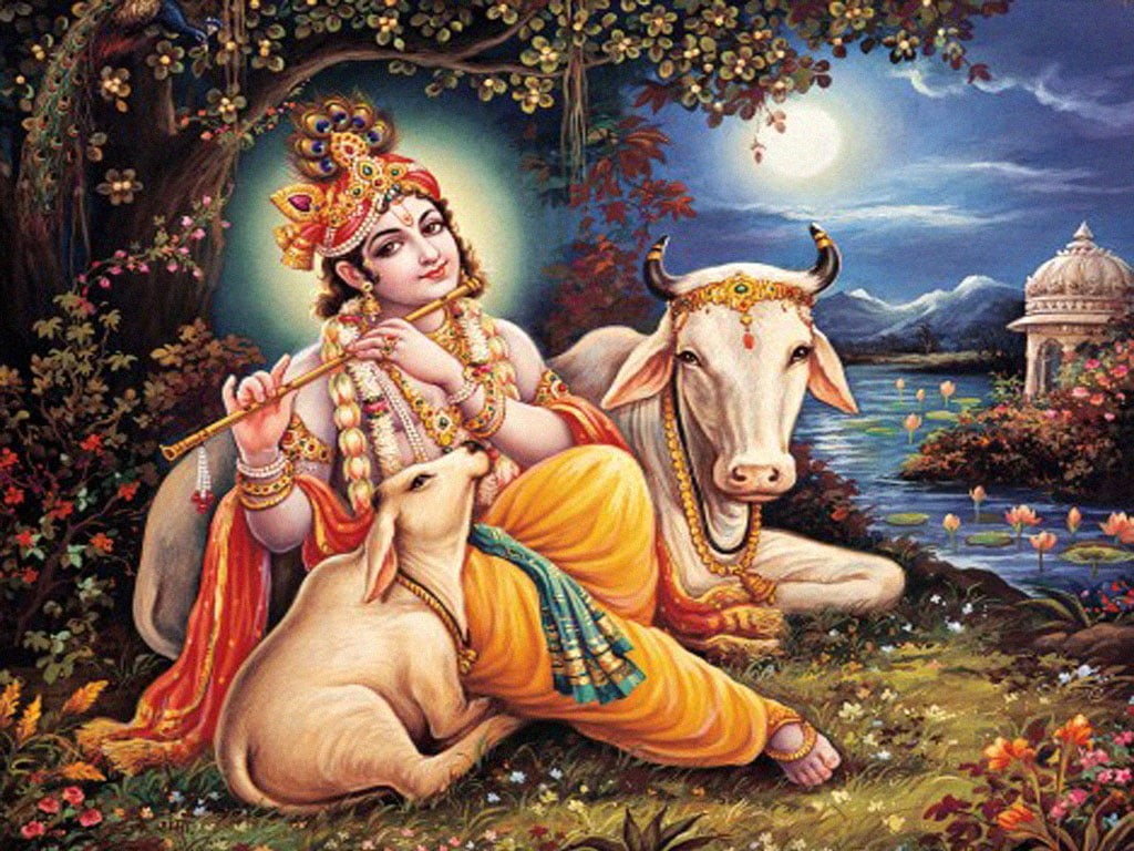 one animal, sculpture, art and craft, playing, spirituality, young adult, cow, lord, sitting, krishna, adult, nature, belief, religion, plant, mammal, God, HD Wallpaper