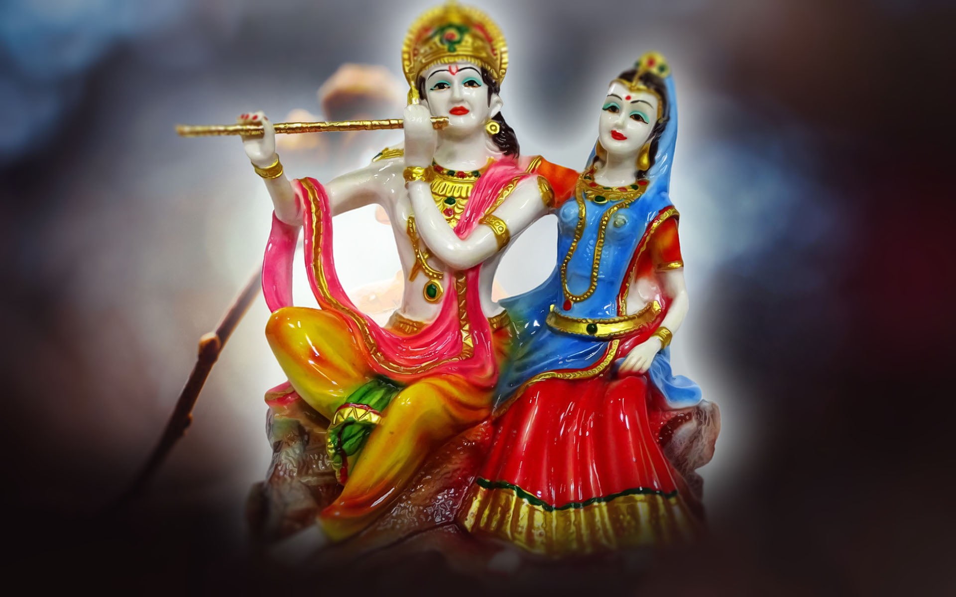 1080P, God, female likeness, belief, statue, radha, religion, krishna, art and craft, place of worship, idol, bokeh, spirituality, building, craft, representation, HD Wallpaper