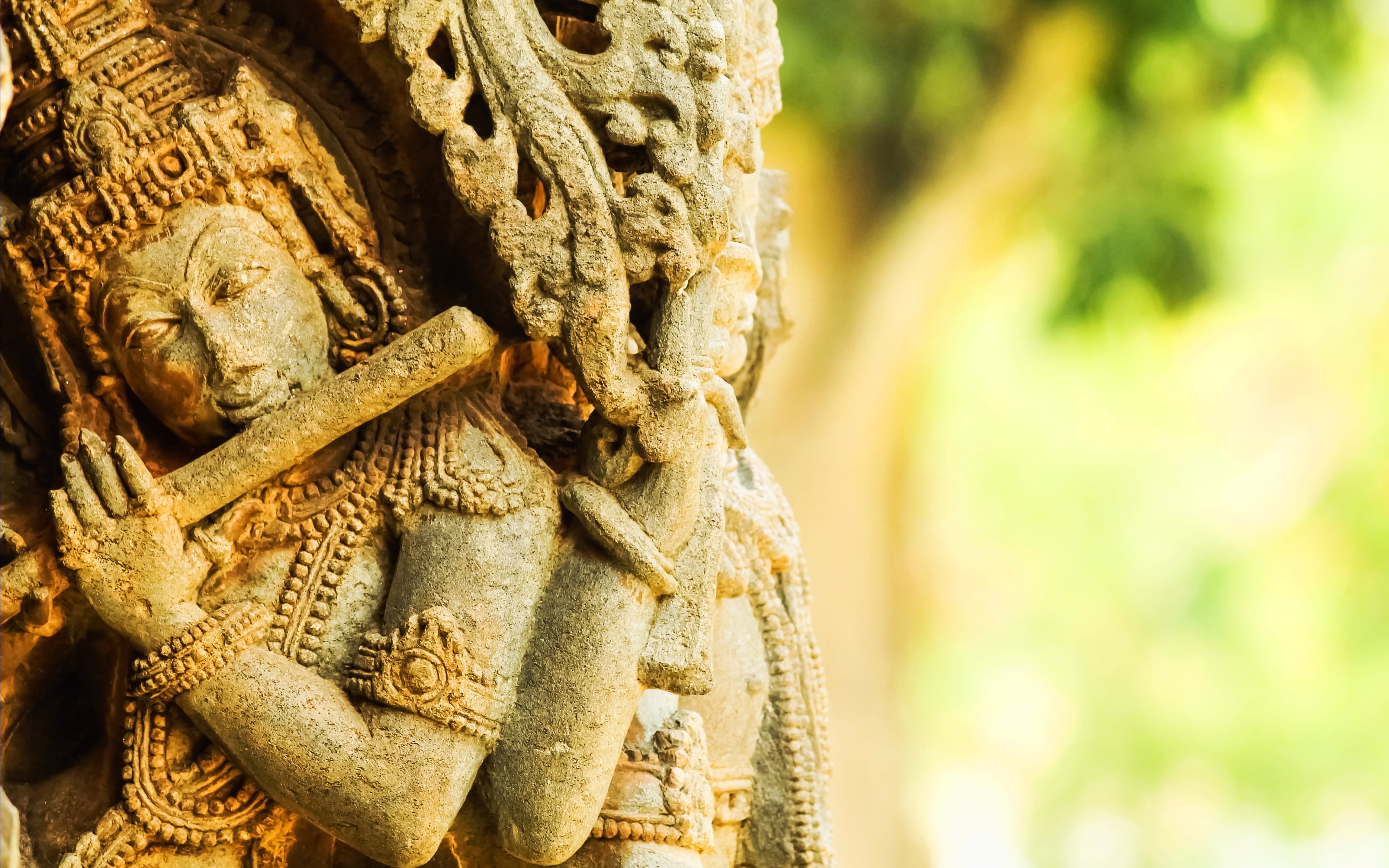 outdoors, flute, day, deity, statue, 4K, male likeness, creativity, God, spirituality, representation, Lord Krishna, carving - craft product, sculpture, HD Wallpaper