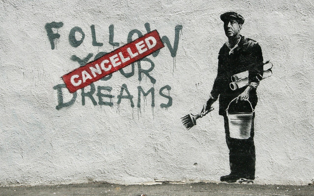 human representation, dreams, one person, day, follow, creativity, men, Banksy, 720P, representation, painting, built structure, art and craft, wall, graffiti, HD Wallpaper