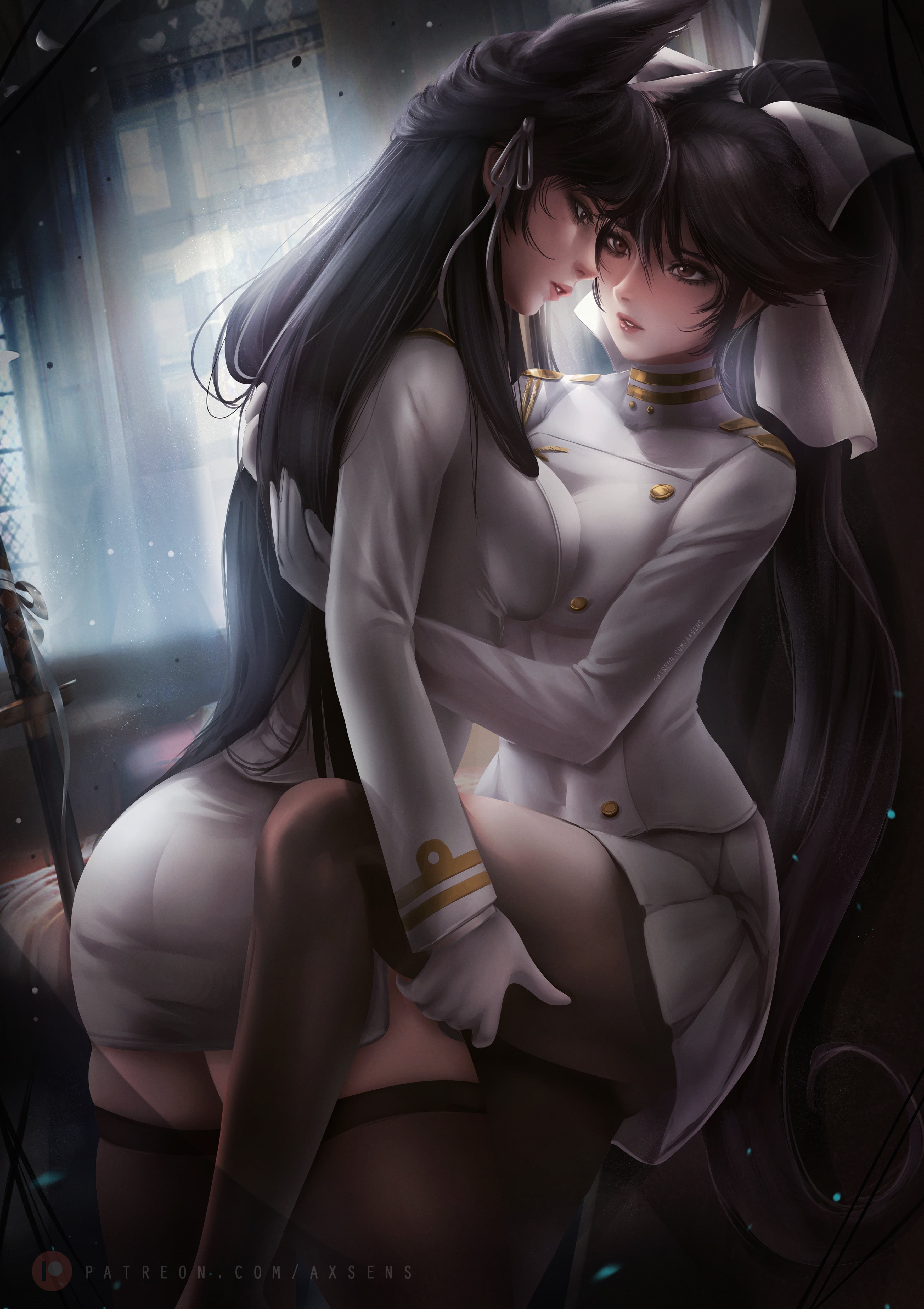 black hair, drawing, Atago (Azur Lane), anime girls, artwork, long hair, 4K, anime, digital art, fan art, Azur Lane, axsens, two women, Takao (Azur Lane), Phone HD Wallpaper
