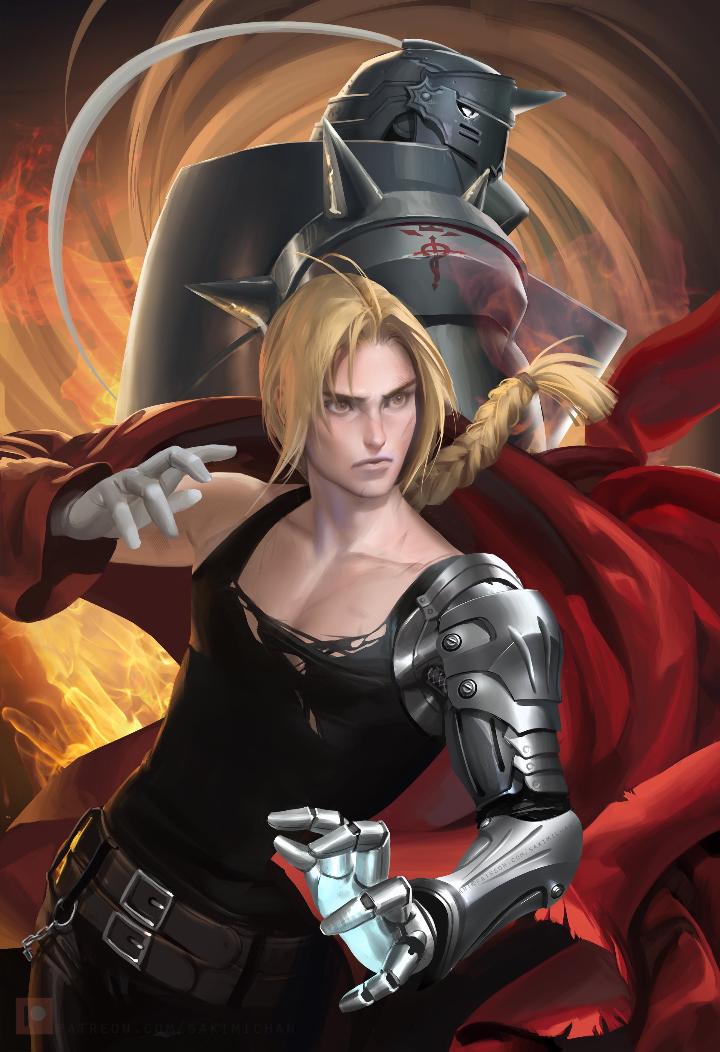 braided hair, Fullmetal Alchemist: Brotherhood, men, manga, ripped clothes, 2K, Fantasy Men, artwork, armor, anime boys, Elric Edward, ponytail, Elric Alphonse, Phone HD Wallpaper