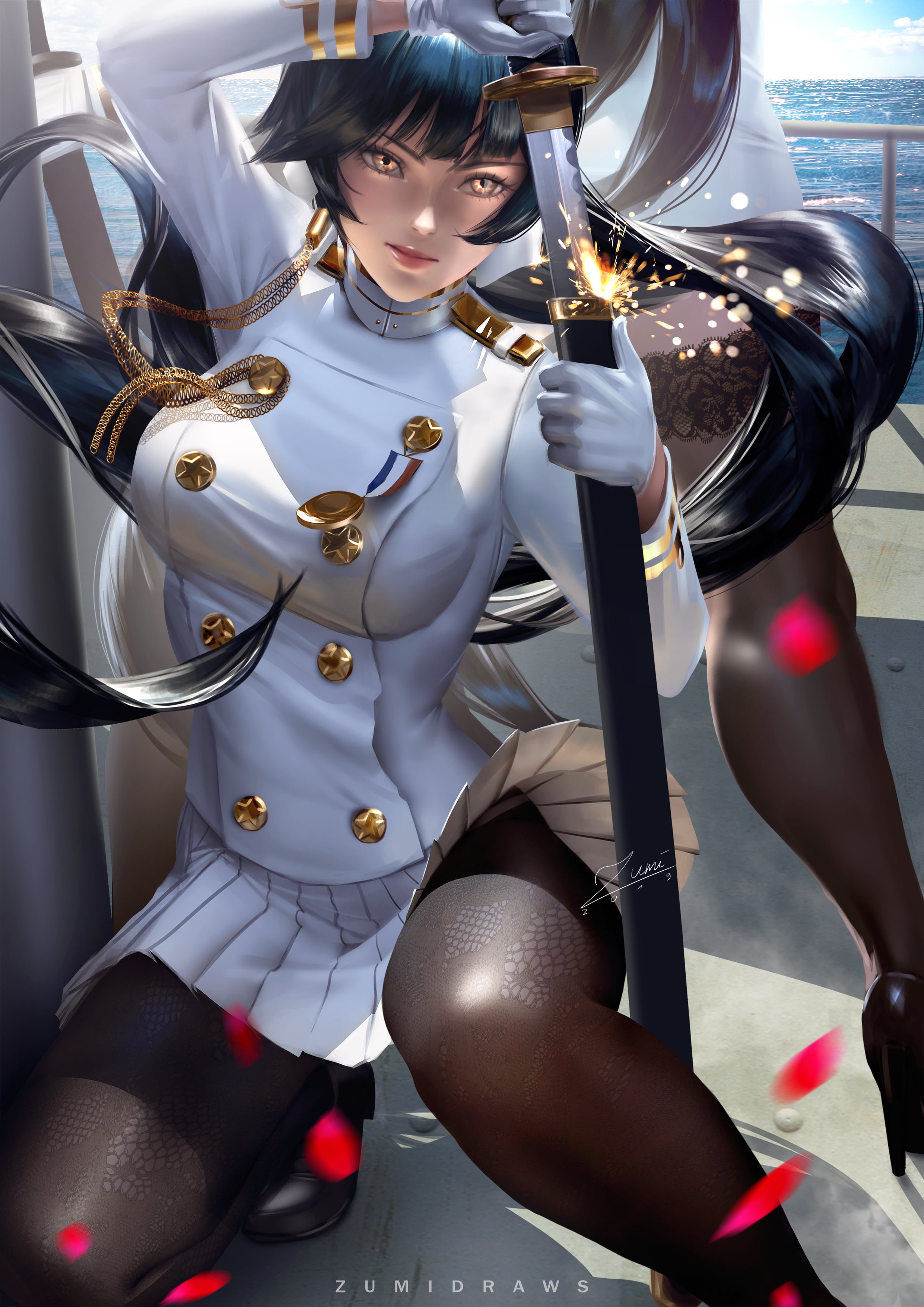 gloves, 2K, digital art, artwork, Takao (Azur Lane), squatting, yellow eyes, katana, sparks, Zumi, looking at viewer, pantyhose, weapon, women, high heels, Phone HD Wallpaper