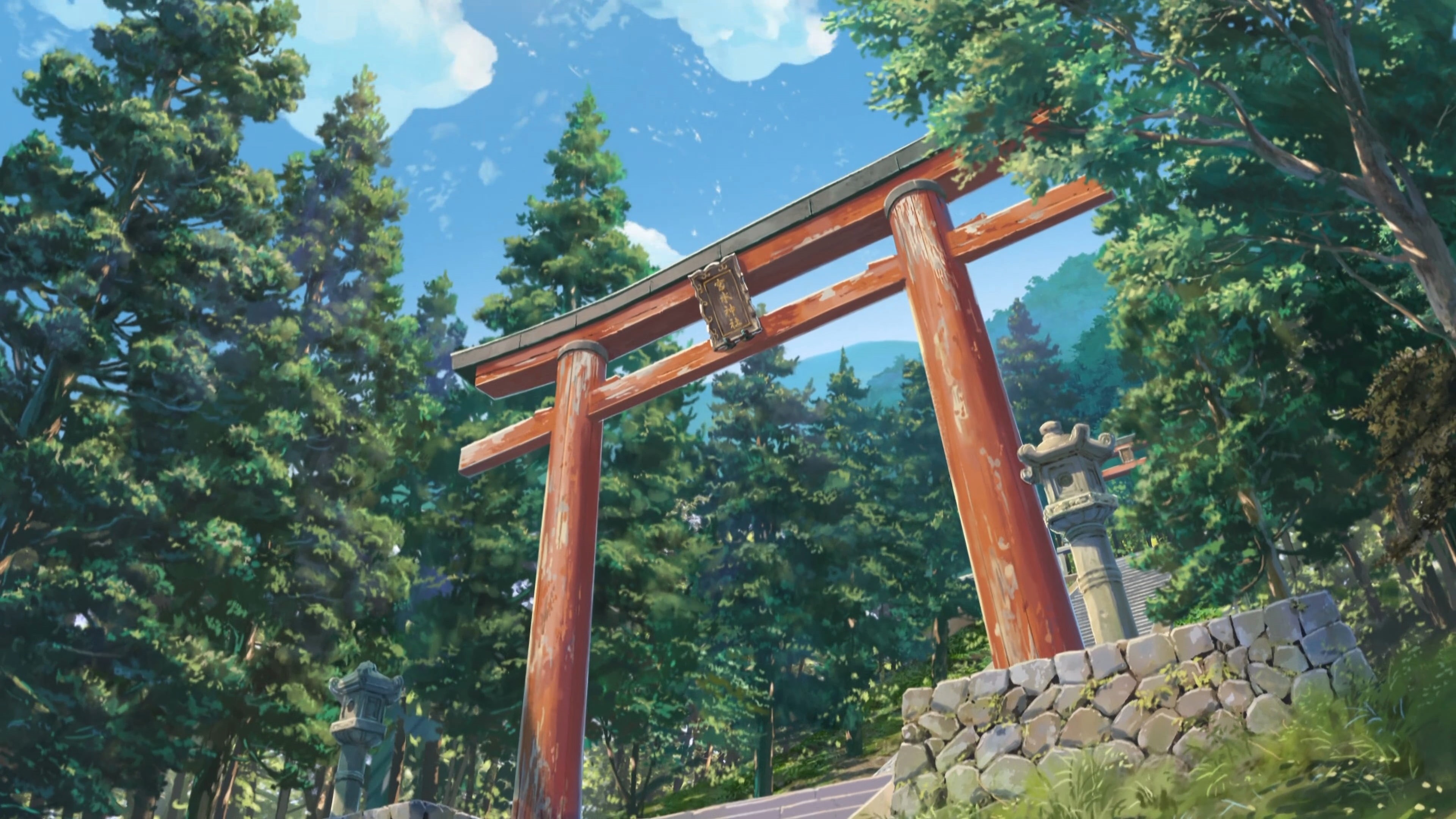 growth, tree, building exterior, painting, arch, nature, forest, spirituality, sky, wooden, shrine, Makoto Shinkai , brown, outdoors, place of worship, HD Wallpaper