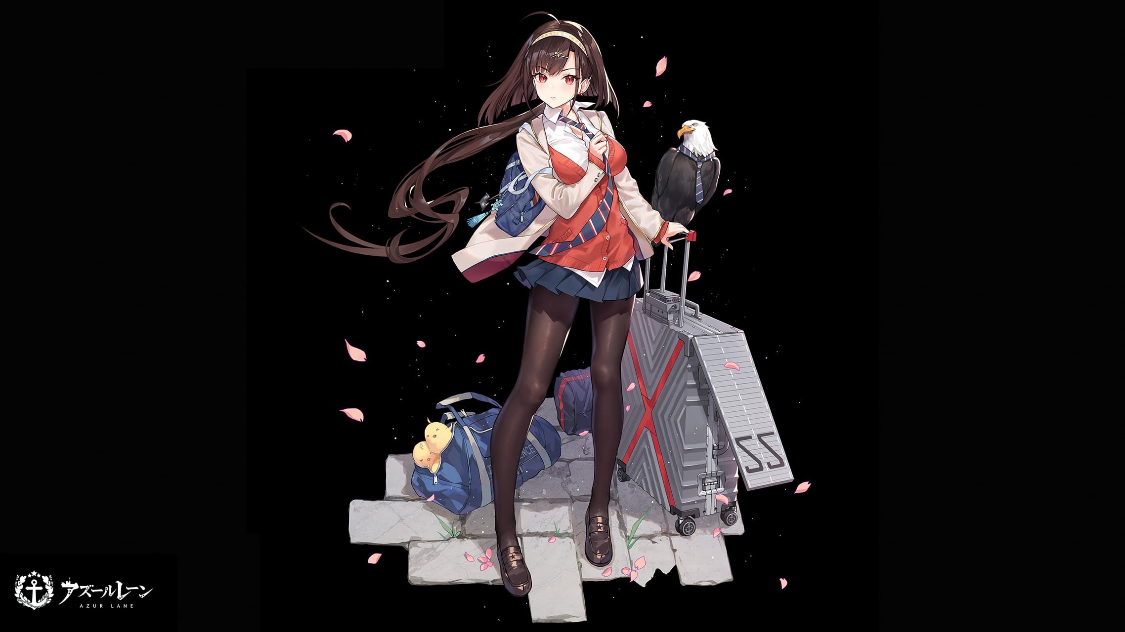 video games, artwork, black background, drawing, 1080P, Independence (Azur Lane), Pixiv, anime girls, petals, schoolgirl, tie, eagle, fan art, digital art, HD Wallpaper