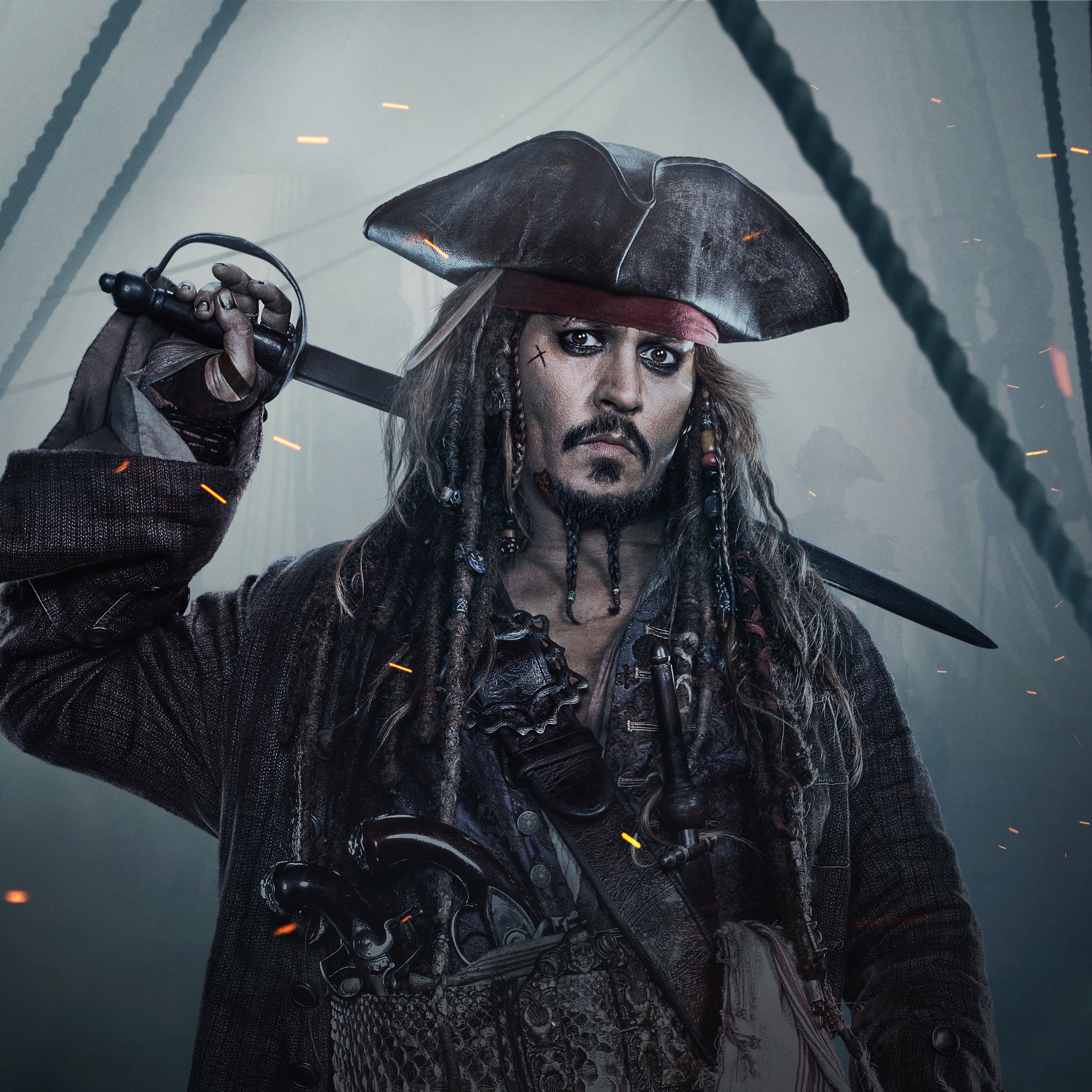 ropes, facial hair, fashion, one person, leather jacket, Pirates of the Caribbean, looking at camera, beard, clothing, real people, guns, Dead men tell no tales, Phone HD Wallpaper
