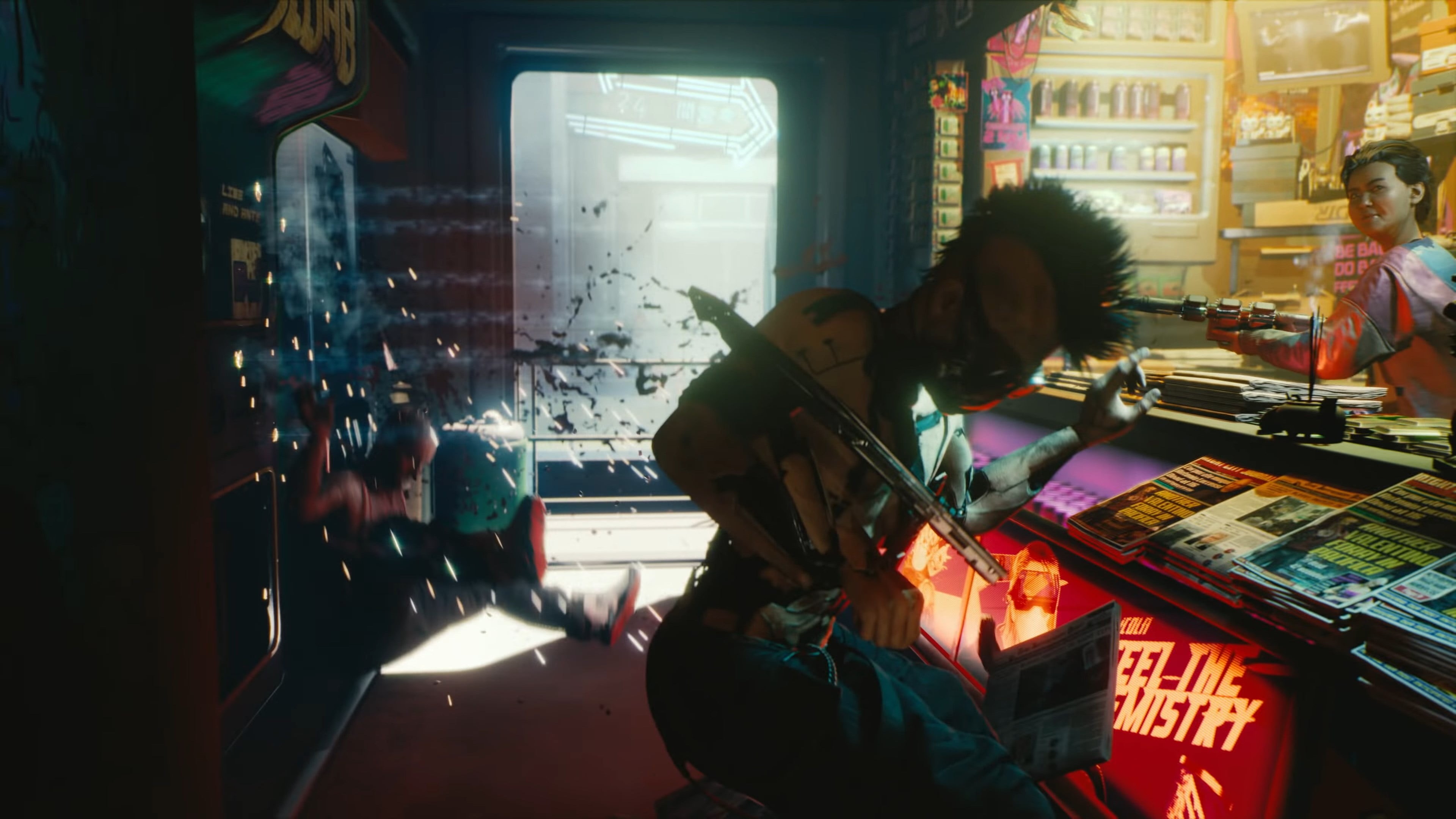 Cyberpunk 2077, women, CD Projekt RED, retail, Video Game Art, indoors, business, city, communication, standing, people, group, shopping, 4K, architecture, HD Wallpaper