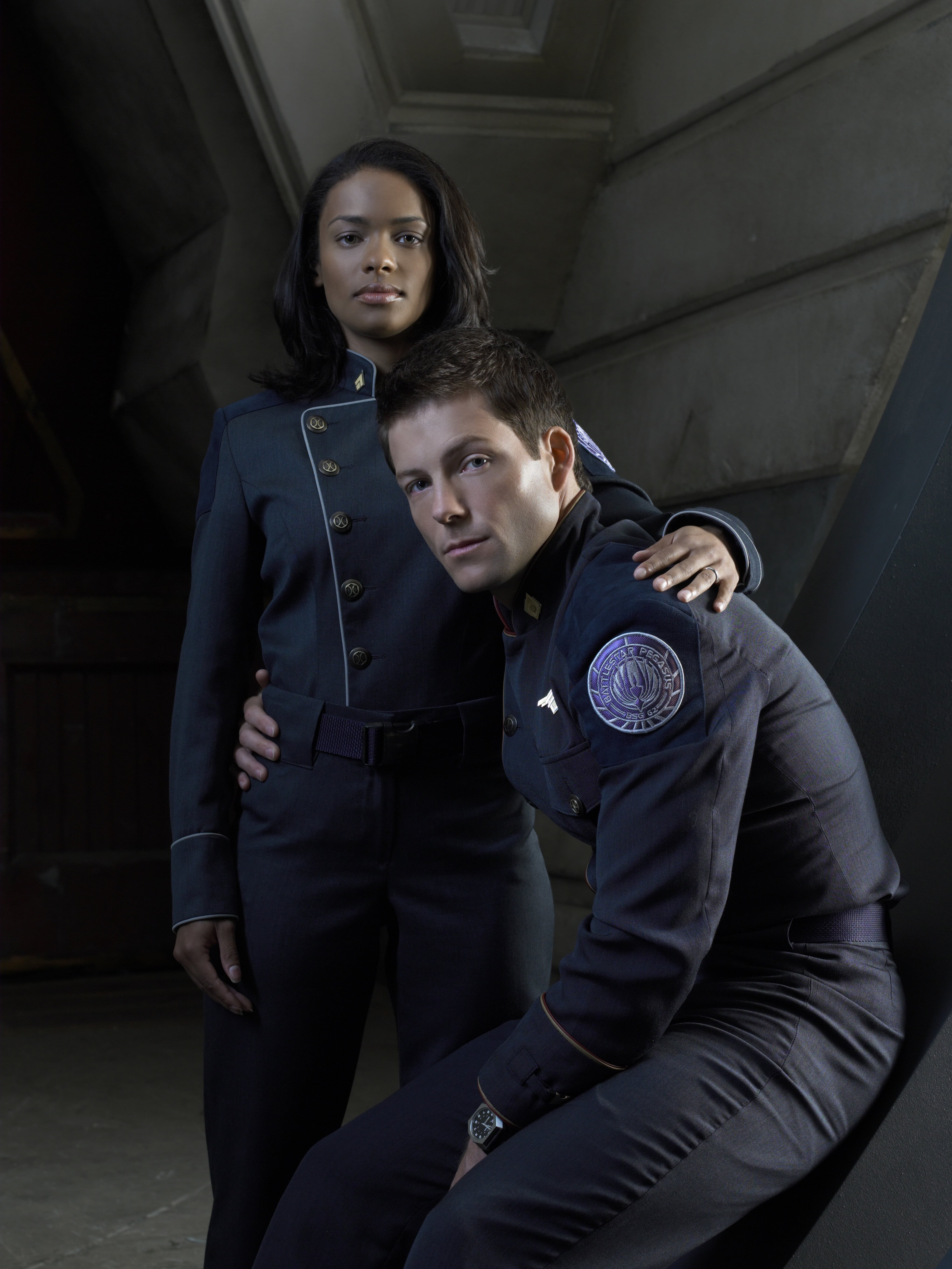 Cast, uniform, Battlestar Galactica, tv series, black, young women, people, indoors, standing, looking at camera, portrait, government, men, authority, Phone HD Wallpaper