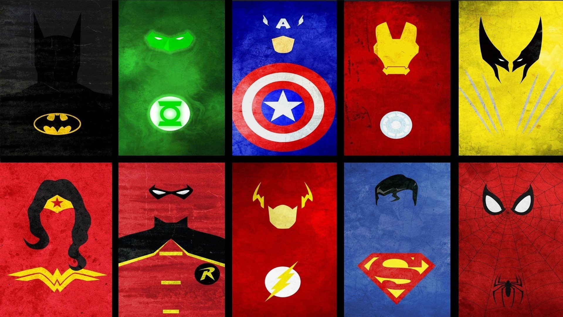 Iron Man, Batman, Green Lantern, Wolverine, Marvel Comics, DC Comics, Superman, collage, Captain America, 1080P, The Flash, Spider-Man, Robin (character), HD Wallpaper