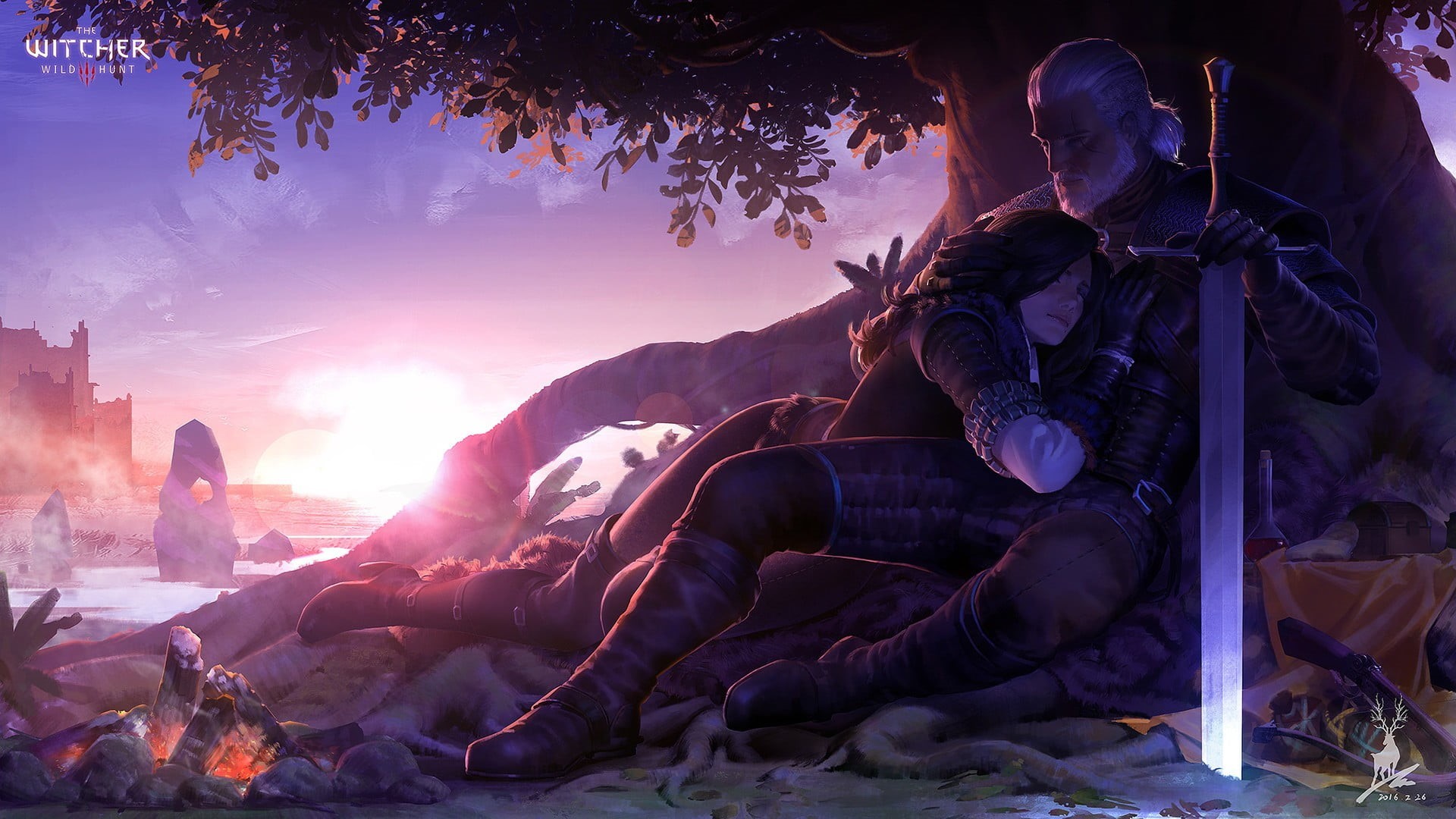 The Witcher, three quarter length, sunlight, The Witcher 3: Wild Hunt, tree, plant, Geralt of Rivia, nature, poster, men, sword, sitting, outdoors, day, HD Wallpaper