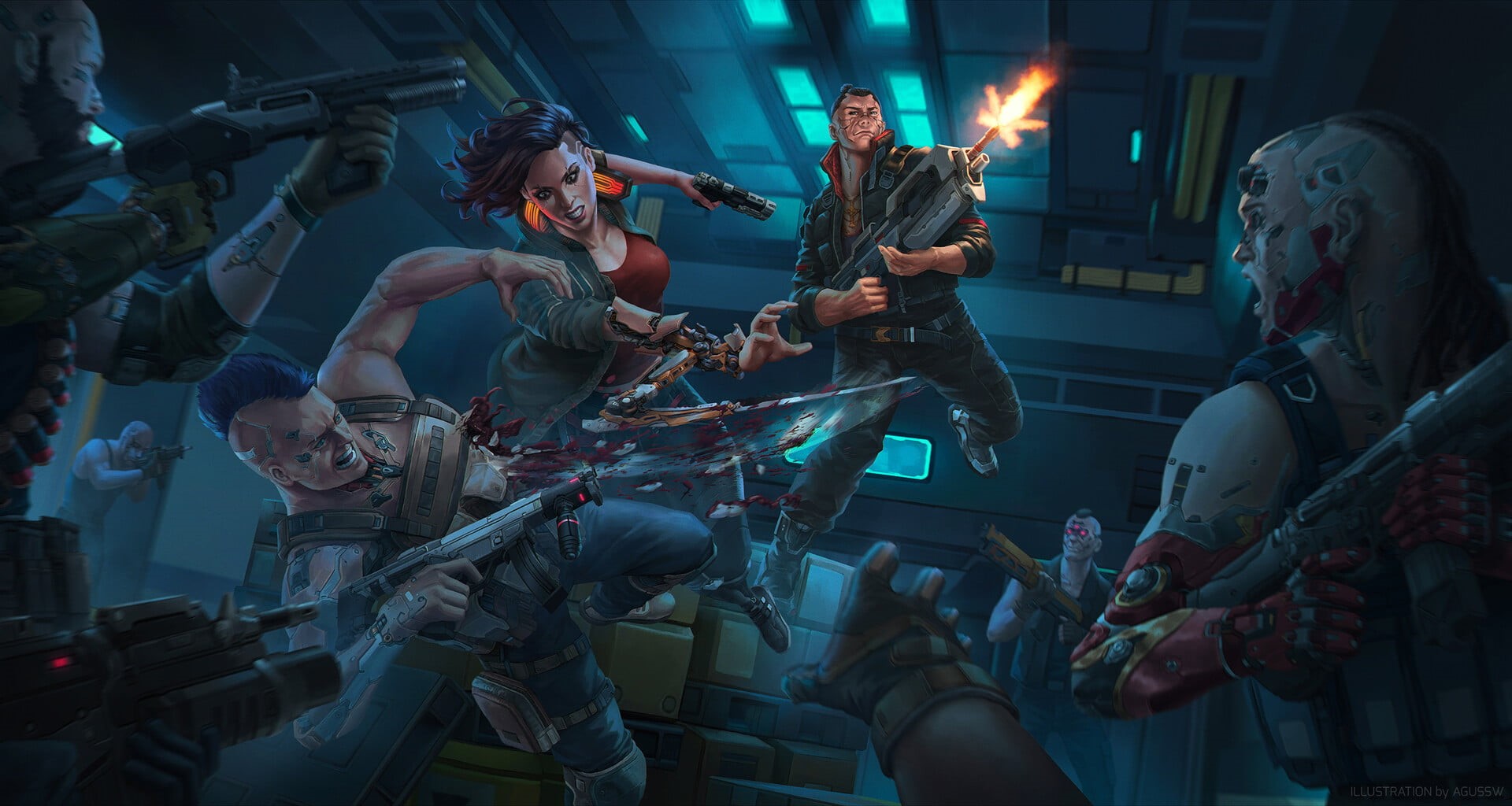 weapon, cyborg, cyberpunk, pistol, gun, blood, 1080P, men, shooting, Cyberpunk 2077, fighting, blades, video games, video game characters, women, HD Wallpaper