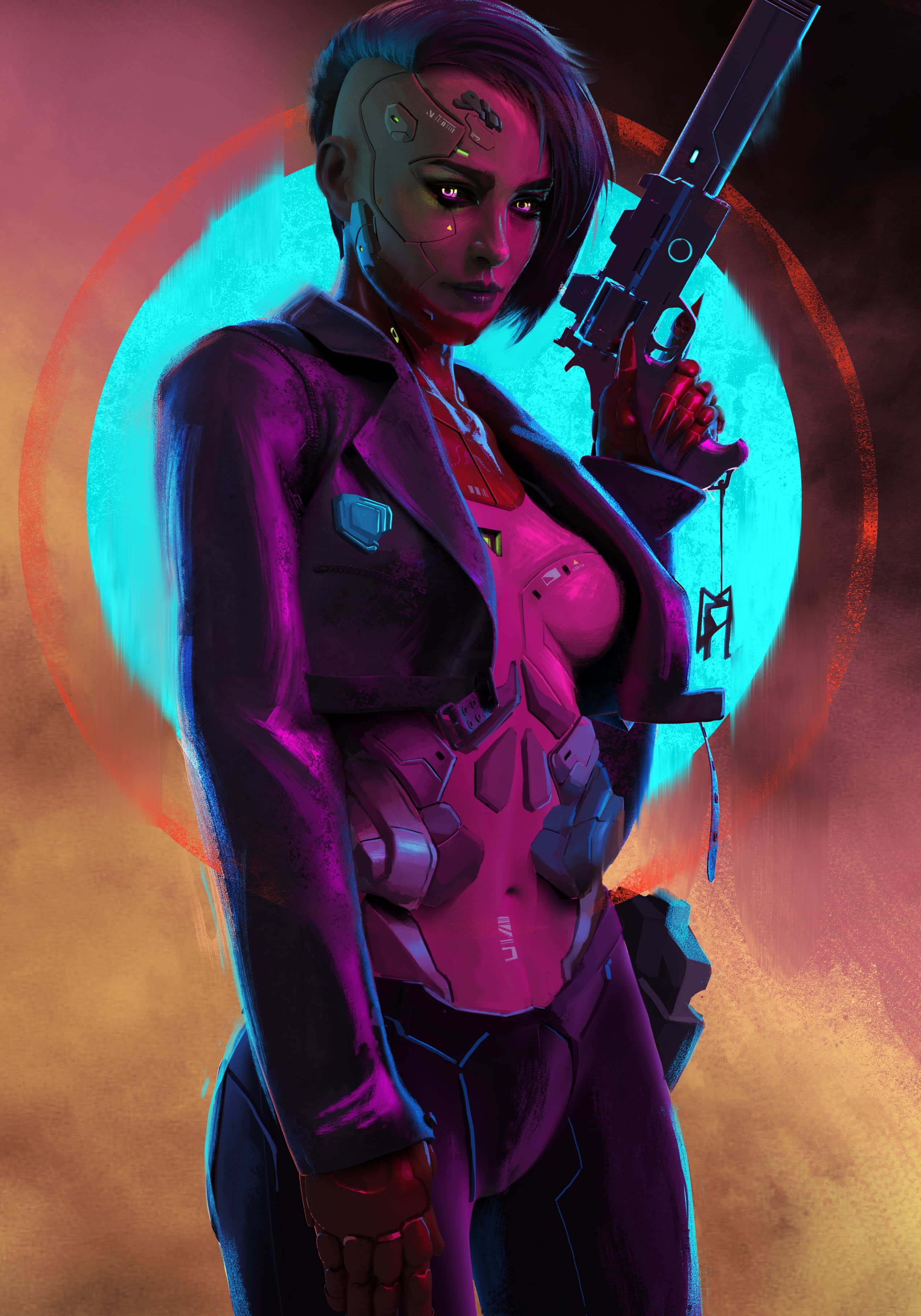 women, digital art, artwork, science fiction, portrait display, looking at viewer, cyborg, painting, belly, futuristic, gun, Pedram Mohammadi, circle, cyberpunk, Phone HD Wallpaper