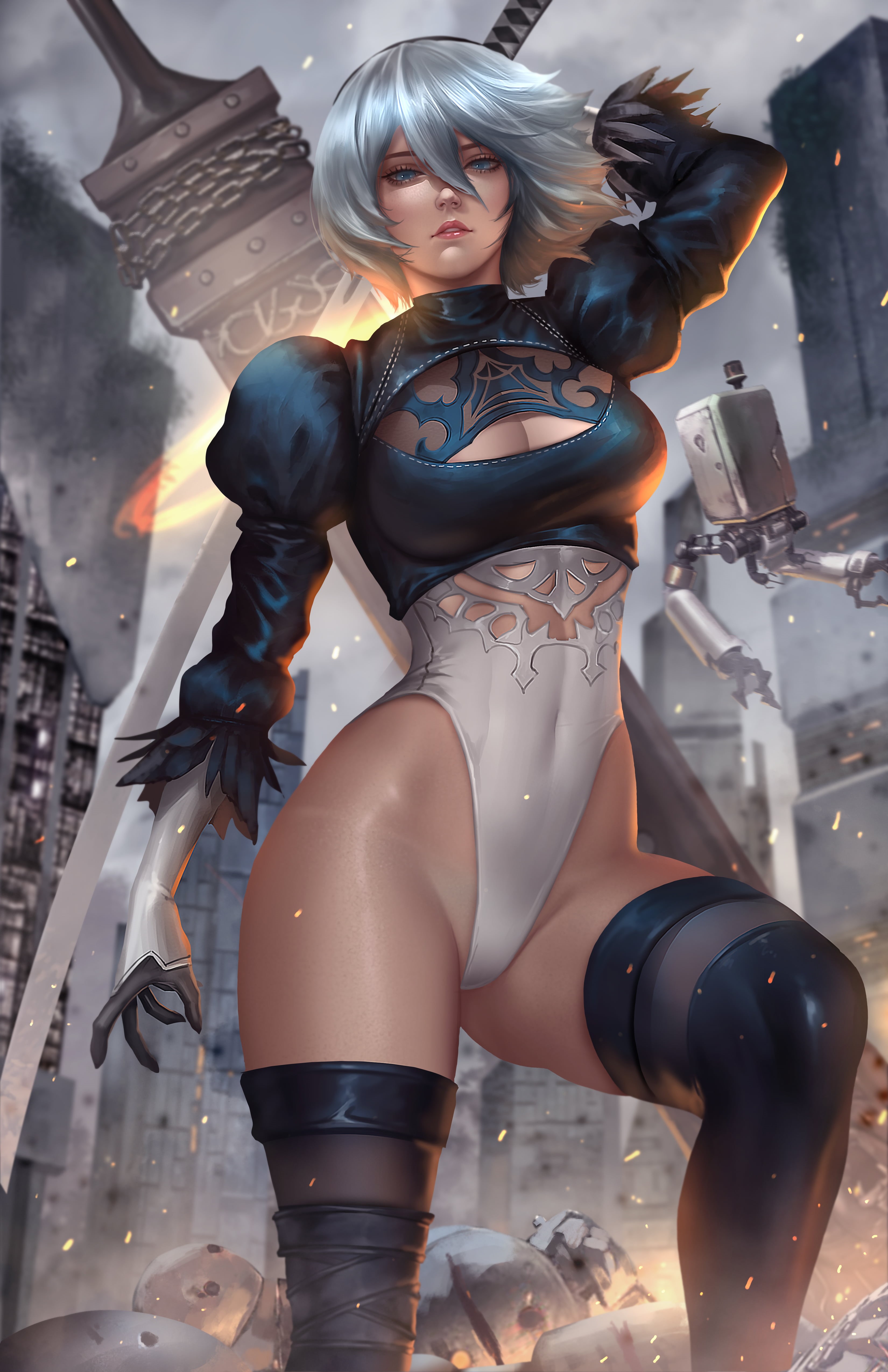 arm warmers, fan art, 2B (Nier: Automata), video game art, sword, portrait display, looking at viewer, digital art, drawing, silver hair, video game characters, Phone HD Wallpaper