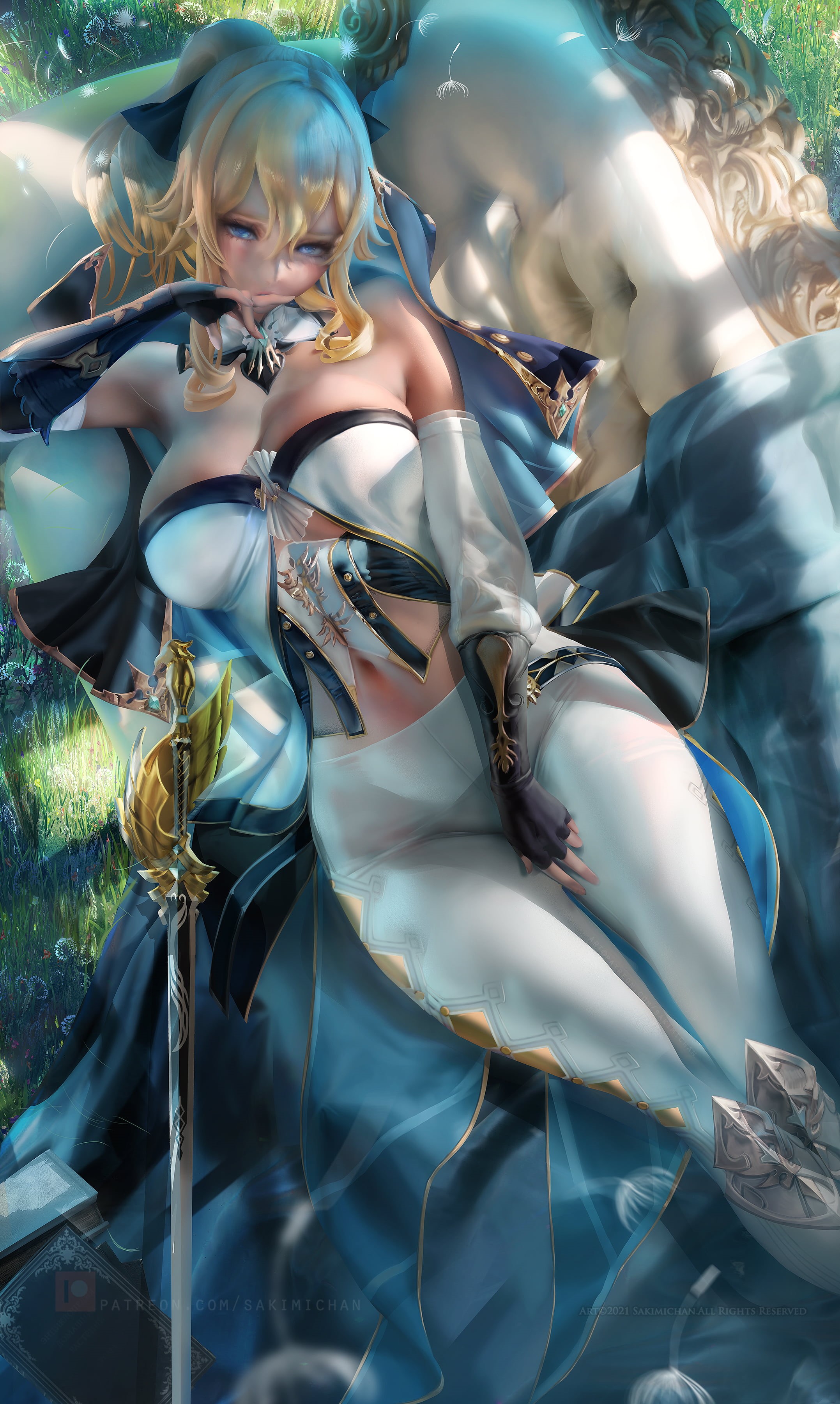 drawing, gloves, Genshin Impact, sword, blonde, illustration, fantasy art, fan art, video game girls, bare shoulders, video games, video game art, weapon, Phone HD Wallpaper