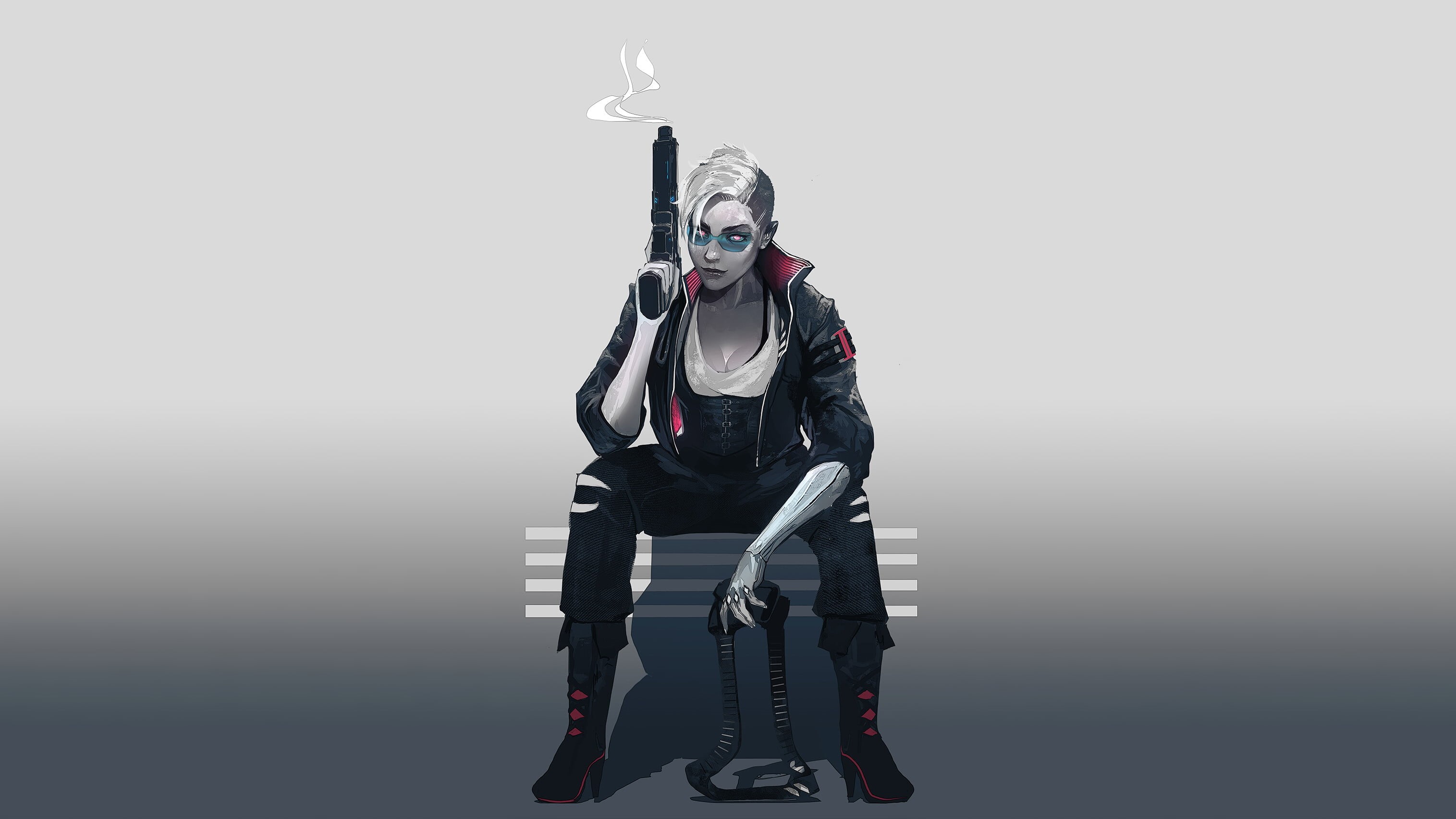 women, 2D, cyberpunk, side shave, artwork, sitting, drawing, jacket, gun, weapon, girls with guns, 2K, punk, portrait, science fiction, glasses, cleavage, HD Wallpaper