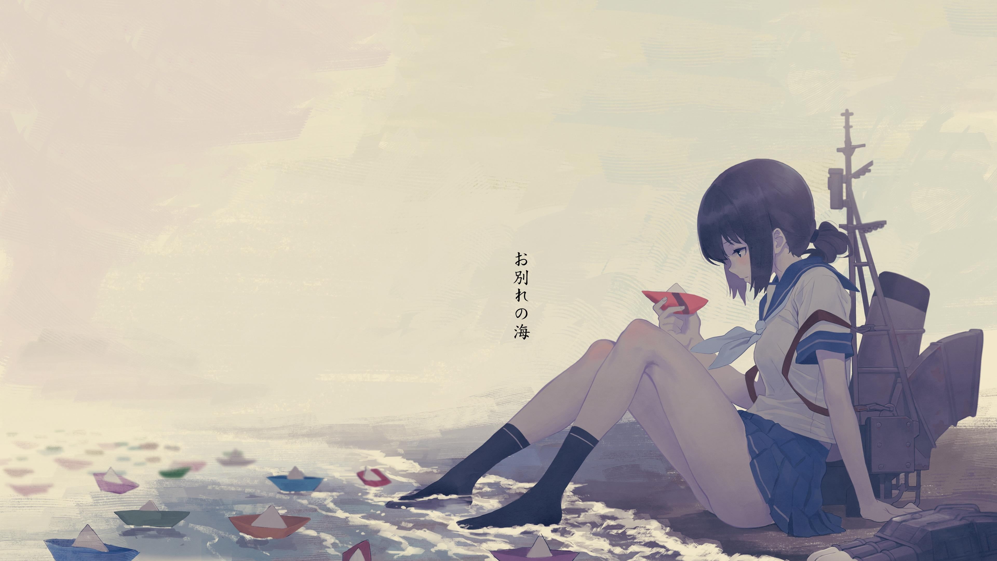 water, haired, Fubuki (KanColle), wall - building feature, one person, full length, miniskirt, land, chair, adult, hairstyle, young adult, real people, HD Wallpaper