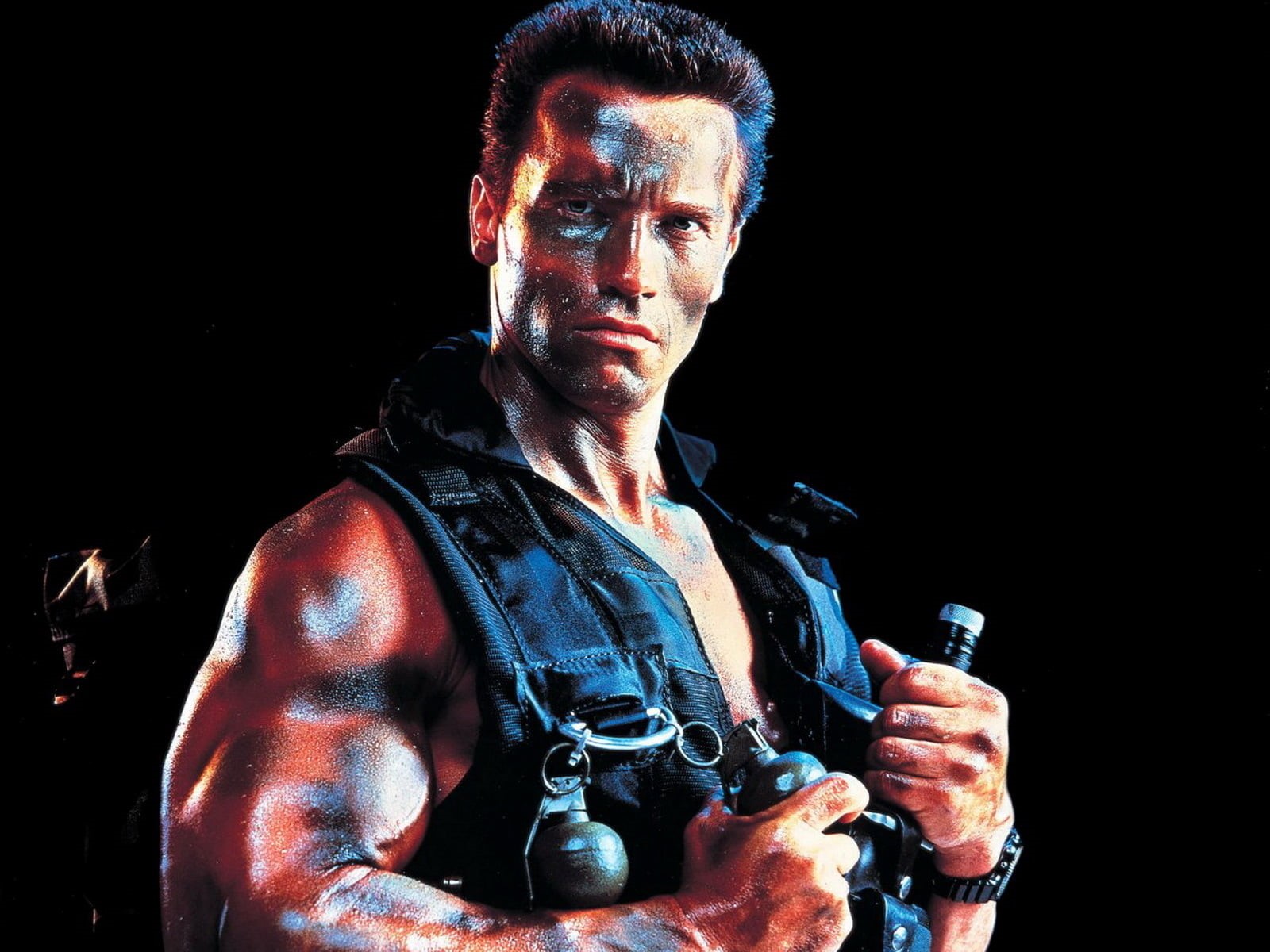 mid adult men, Schwarzenegger, gun, isolated On Black, real people, holding, adult, Commando, strength, lifestyles, looking at camera, smoke - Physical Structure, HD Wallpaper