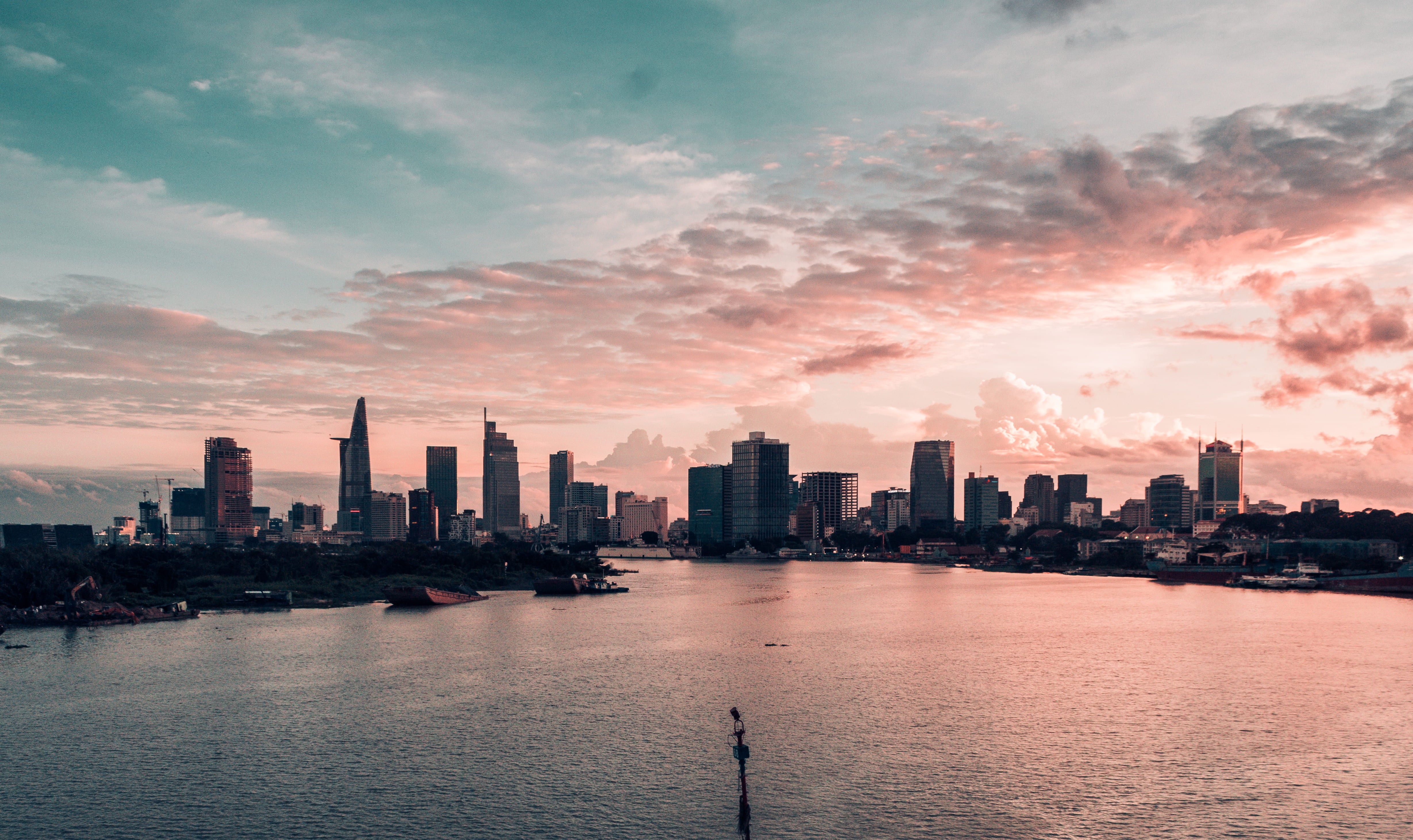 city life, street, built structure, cloud, building, sunset, nature, water, office building exterior, 4K, hochiminhcity, bay, urban skyline, citylife, HD Wallpaper