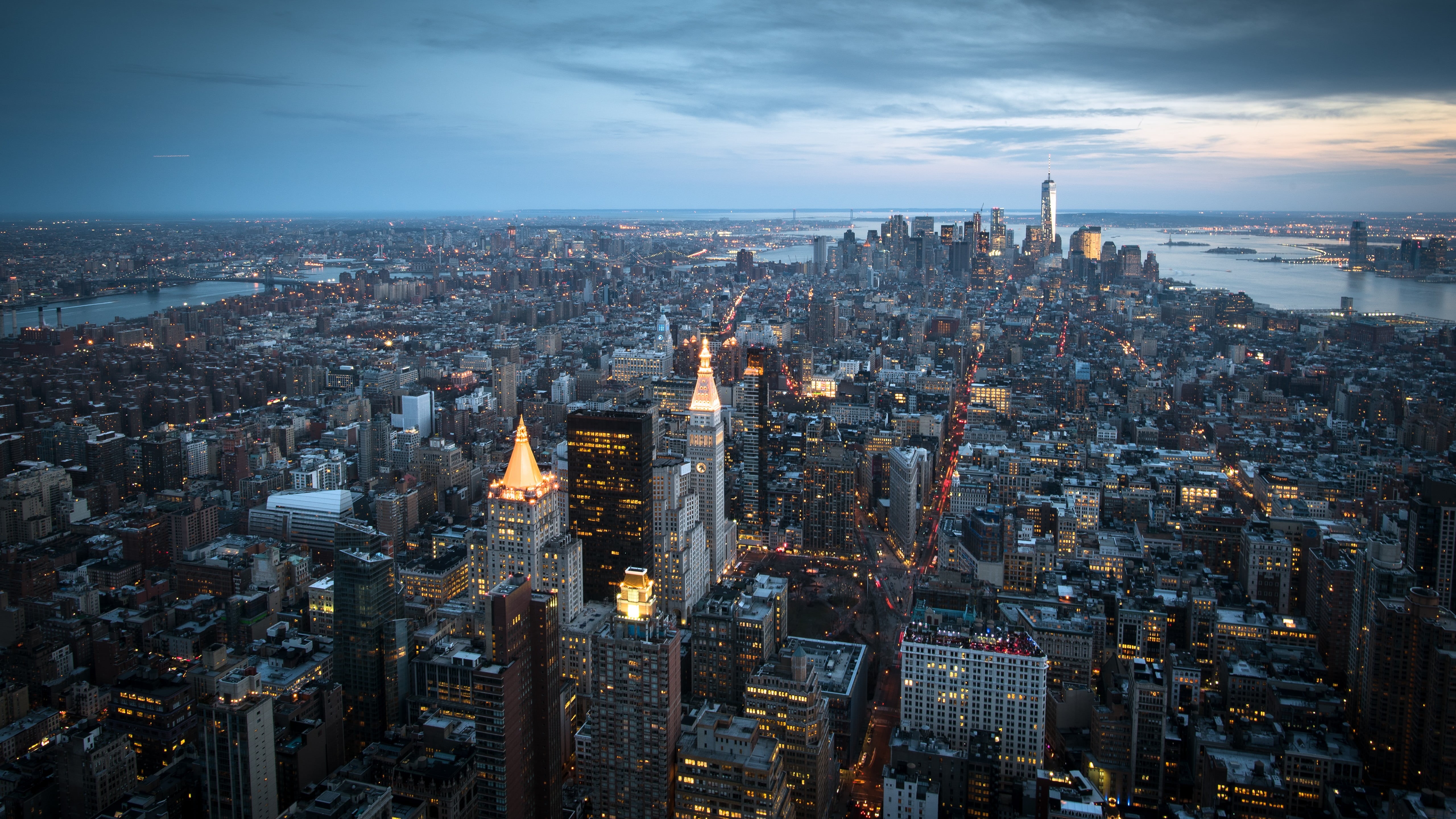 evening, New York City, building, business, built Structure, office building exterior, city Life, empire State Building, uSA, dusk, cloud - sky, outdoors, HD Wallpaper