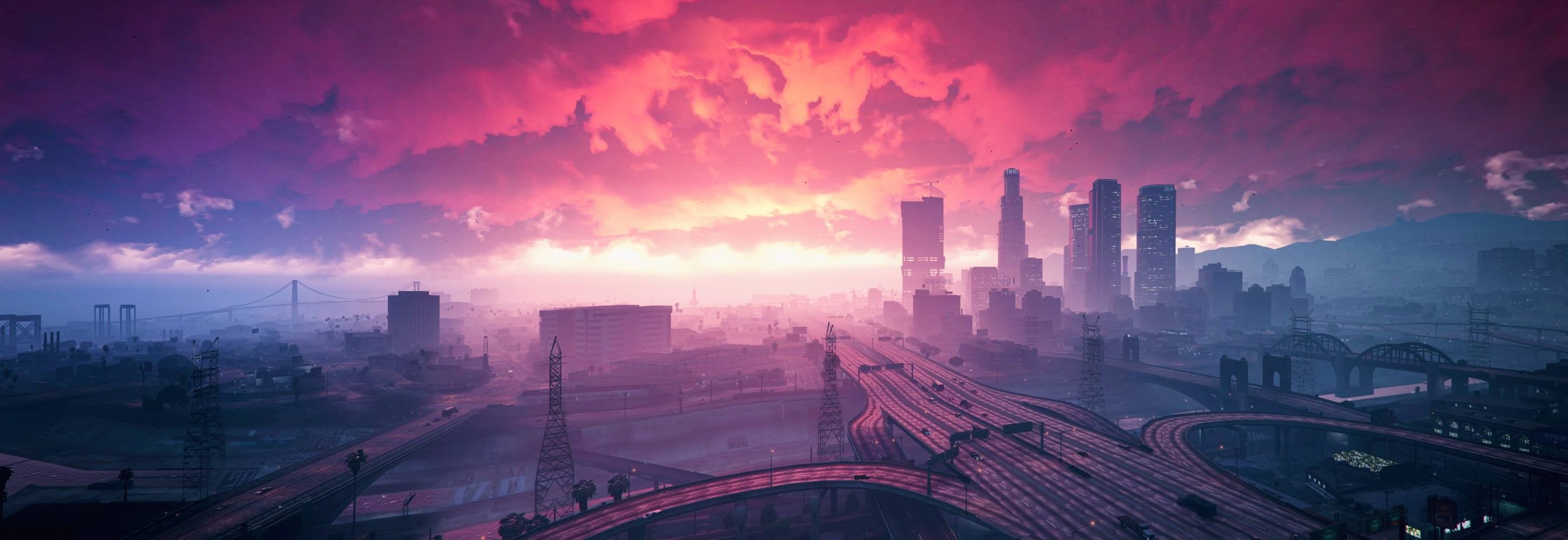 city, Grand Theft Auto V, sunset, business, landscape, cloud - sky, city life, skyscraper, modern, building, development, office building exterior, urban skyline, HD Wallpaper