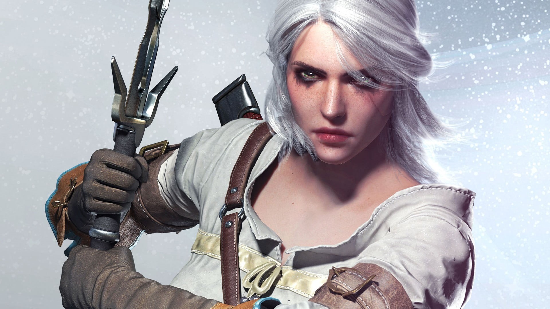 hairstyle, human Hair, adult, cartoon, one Person, The Witcher, fashion, women, gun, fantasy girl, character, protective glove, aggression, weapon, white, HD Wallpaper