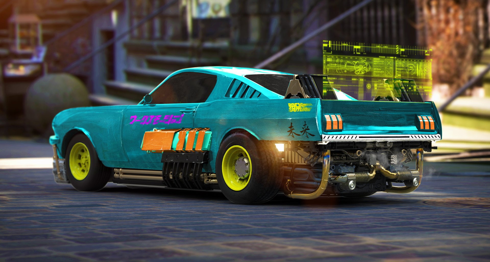 digital art, Futuristic, Green car, 3d, Asian, Back To The Future, 1080P, fantasy Art, 3d design, Depth Of Field, Engines, city, artwork, Fan Art, Mark Chang, HD Wallpaper