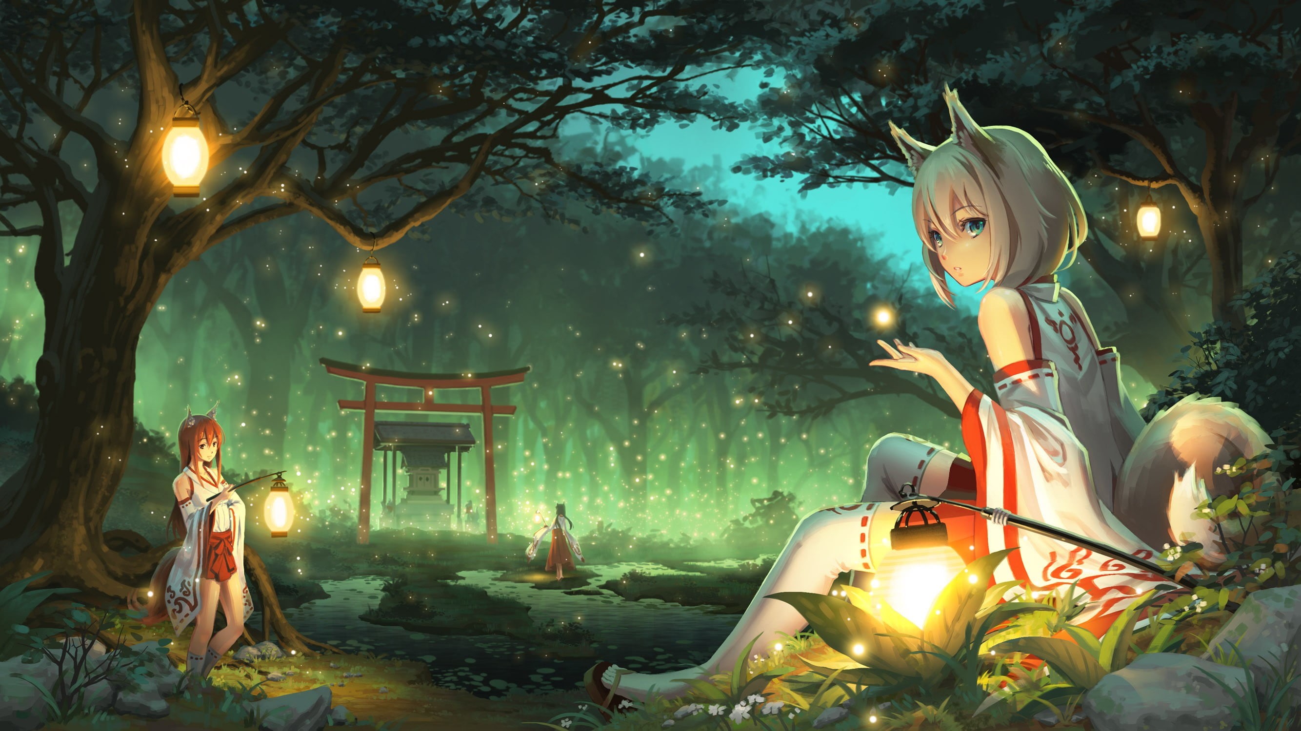 anime girls, art and craft, field, representation, anime, celebration, decoration, animal ears, illuminated, sculpture, lighting equipment, plant, grass, HD Wallpaper