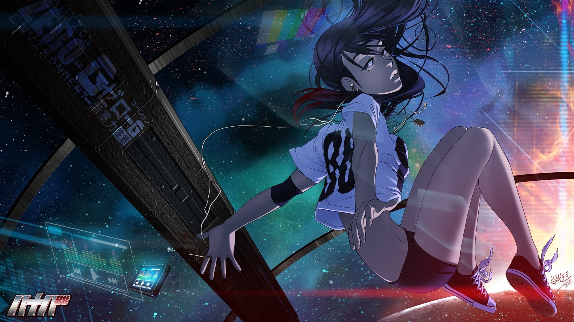 space, spaceship, vashperado, anime girls, original characters, 1080P, audio spectrum, futuristic, 88 Girl, HD Wallpaper