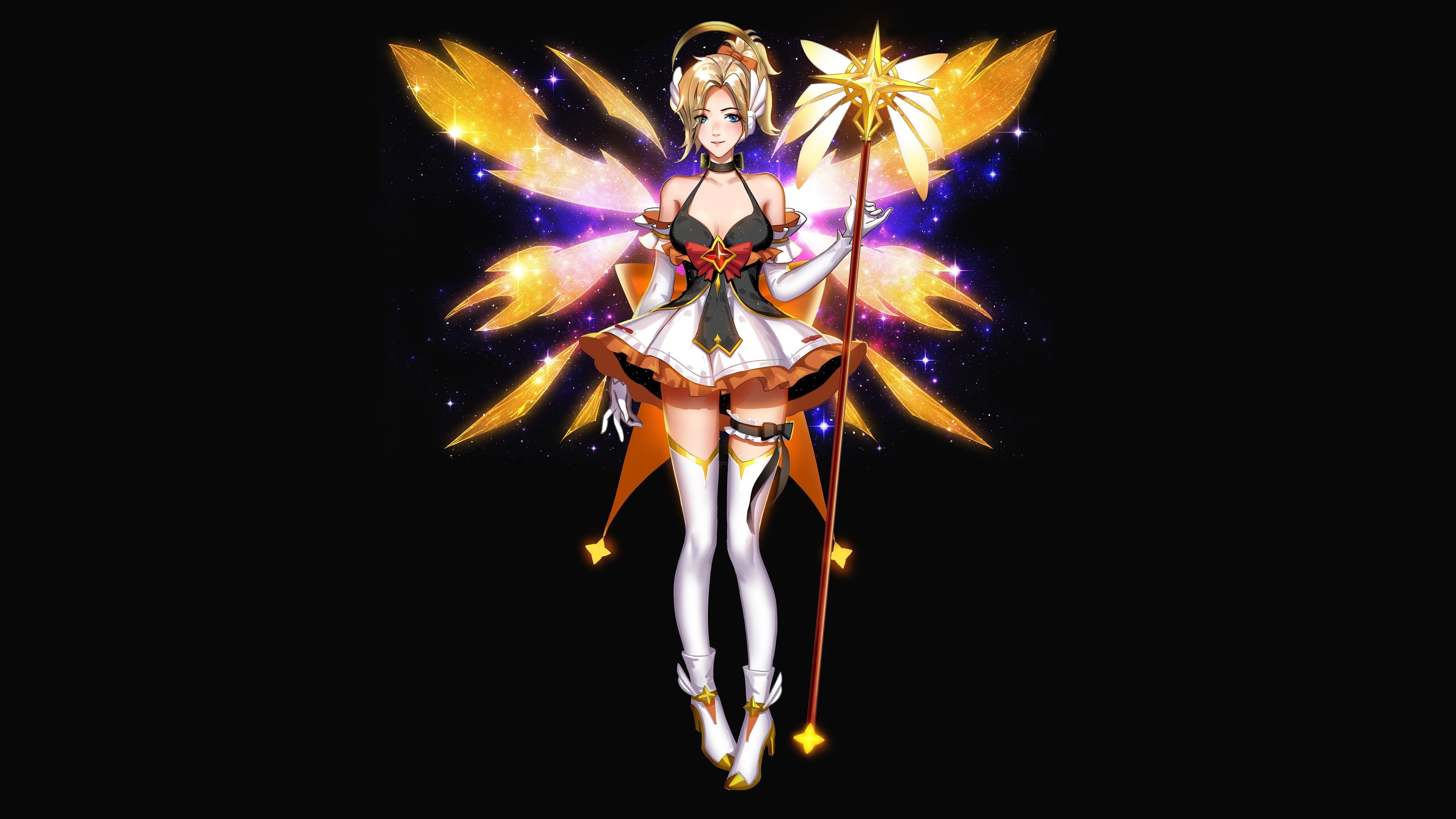 blonde, the gap, thigh-highs, cleavage, Liang-Xing, no people, glowing, illuminated, anime girls, indoors, Mercy (Overwatch), black background, nature, HD Wallpaper