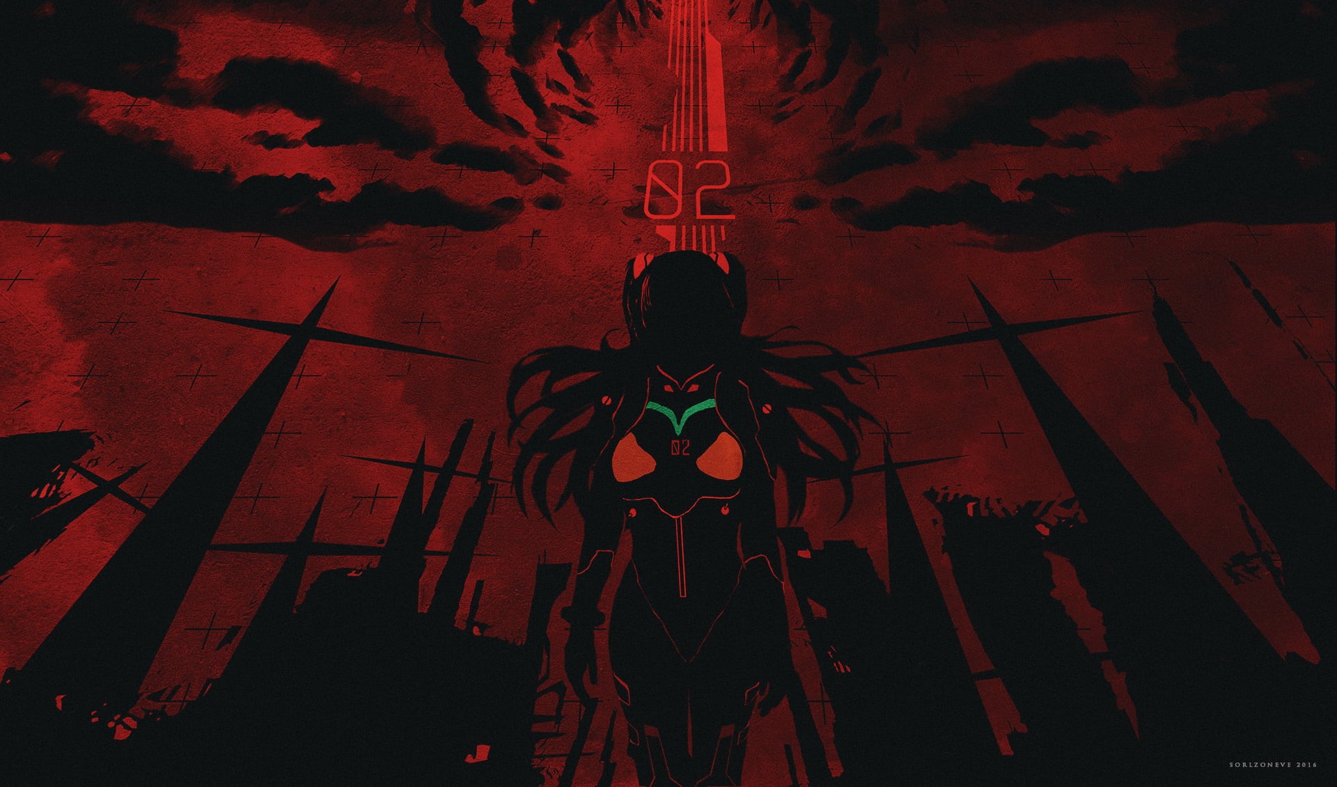 anime, 1080P, dark, religion, red, spirituality, architecture, nature, EVA Unit 02, destruction, celebration, Asuka Langley Soryu, silhouette, representation, HD Wallpaper