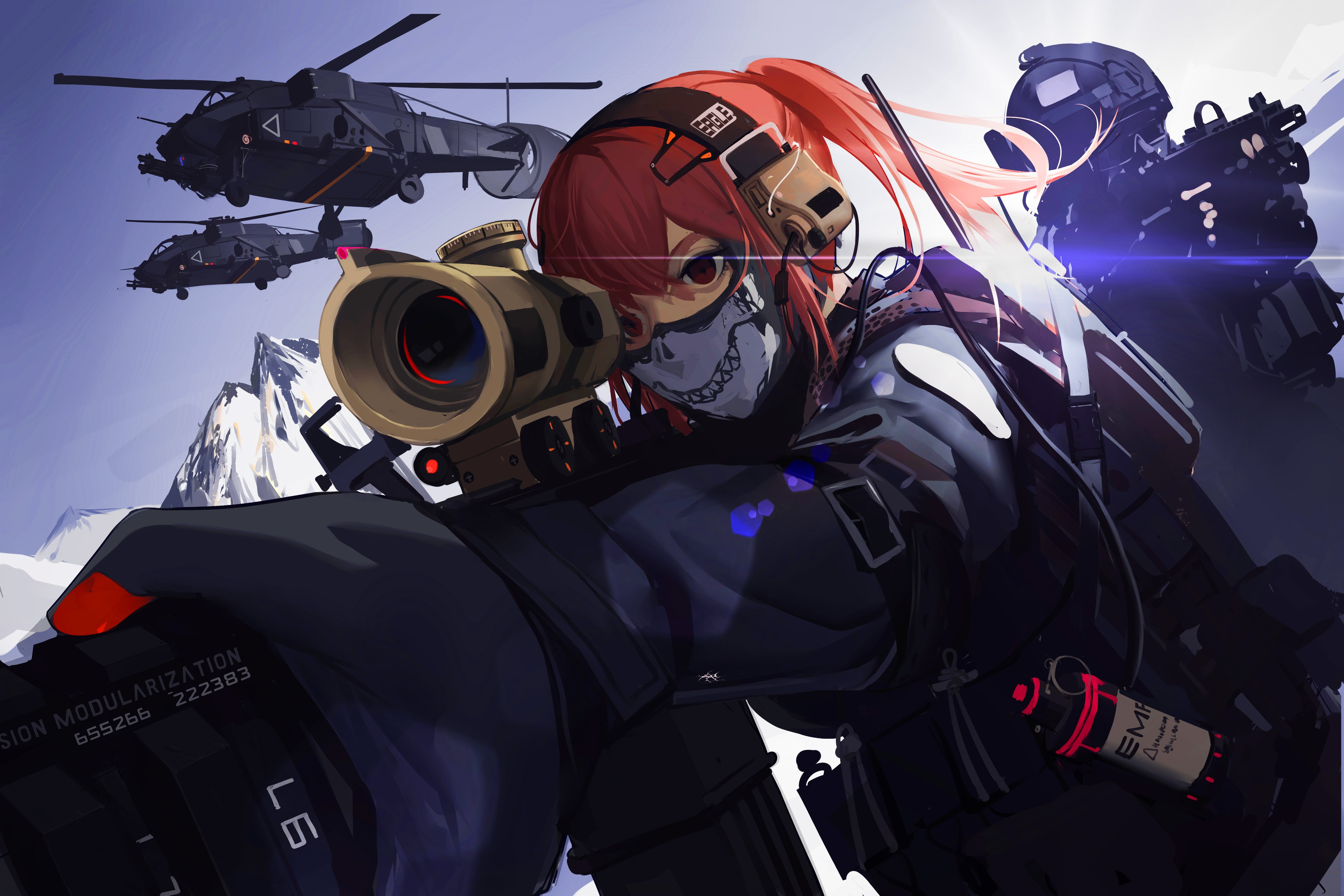 5K, real people, anime, weapon, headwear, military, warm clothing, waist up, skiing, snow, Black Soldier, people, men, winter, sport, ski-wear, red, portrait, HD Wallpaper