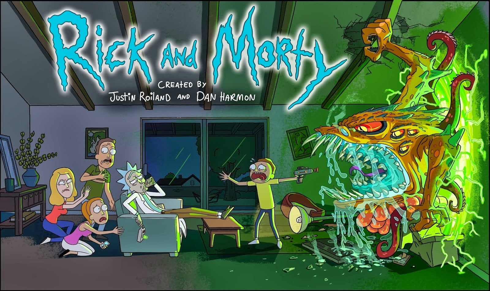 amusement park, architecture, art and craft, Morty Smith, illustration, Rick Sanchez, built structure, morty, mural, creativity, Jerry Smith, rick, green color, HD Wallpaper