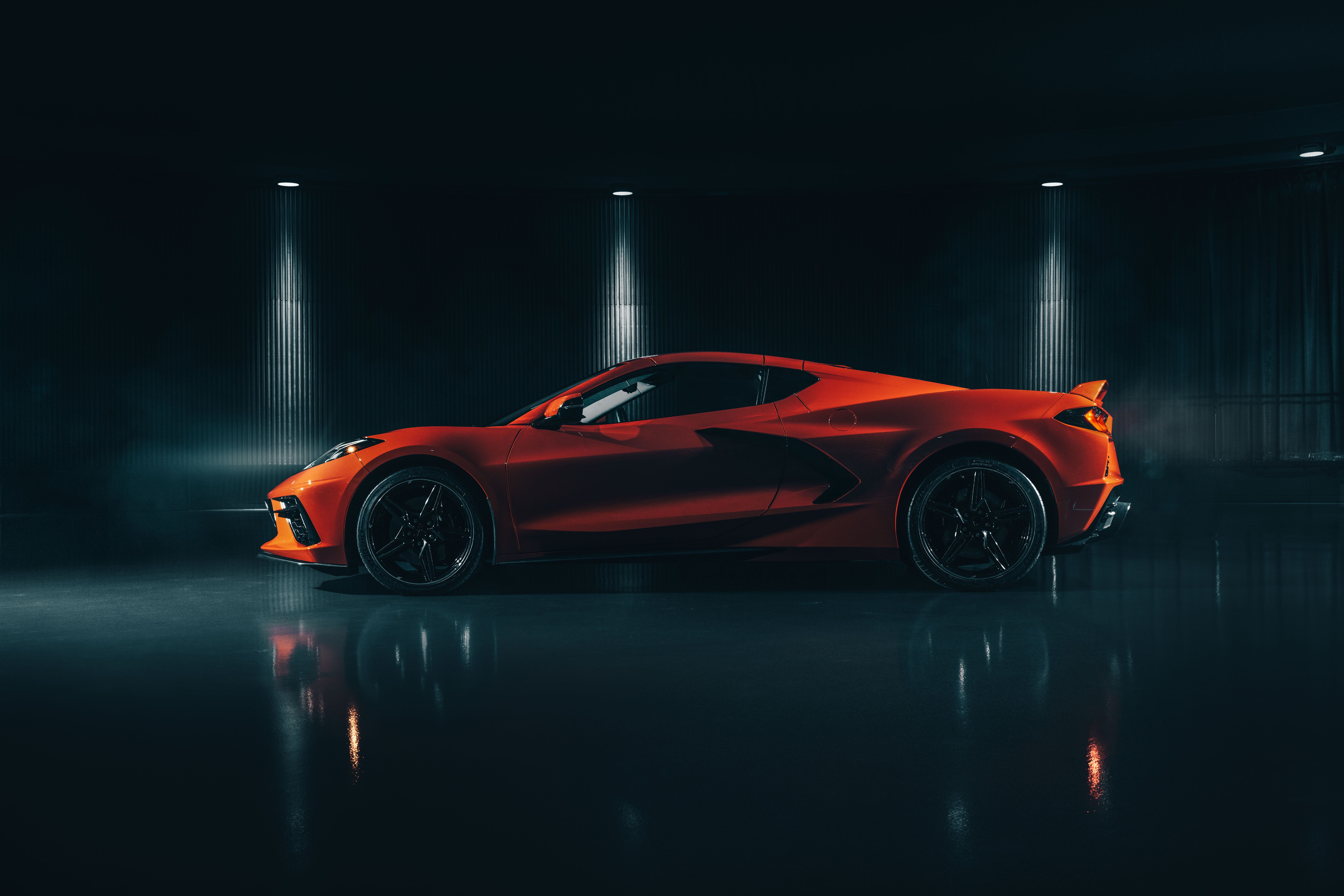 8K, Chevrolet Corvette (C8), Sport Car, Vehicle, Supercar, Car, Chevrolet, Chevrolet Corvette, Orange Car, HD Wallpaper
