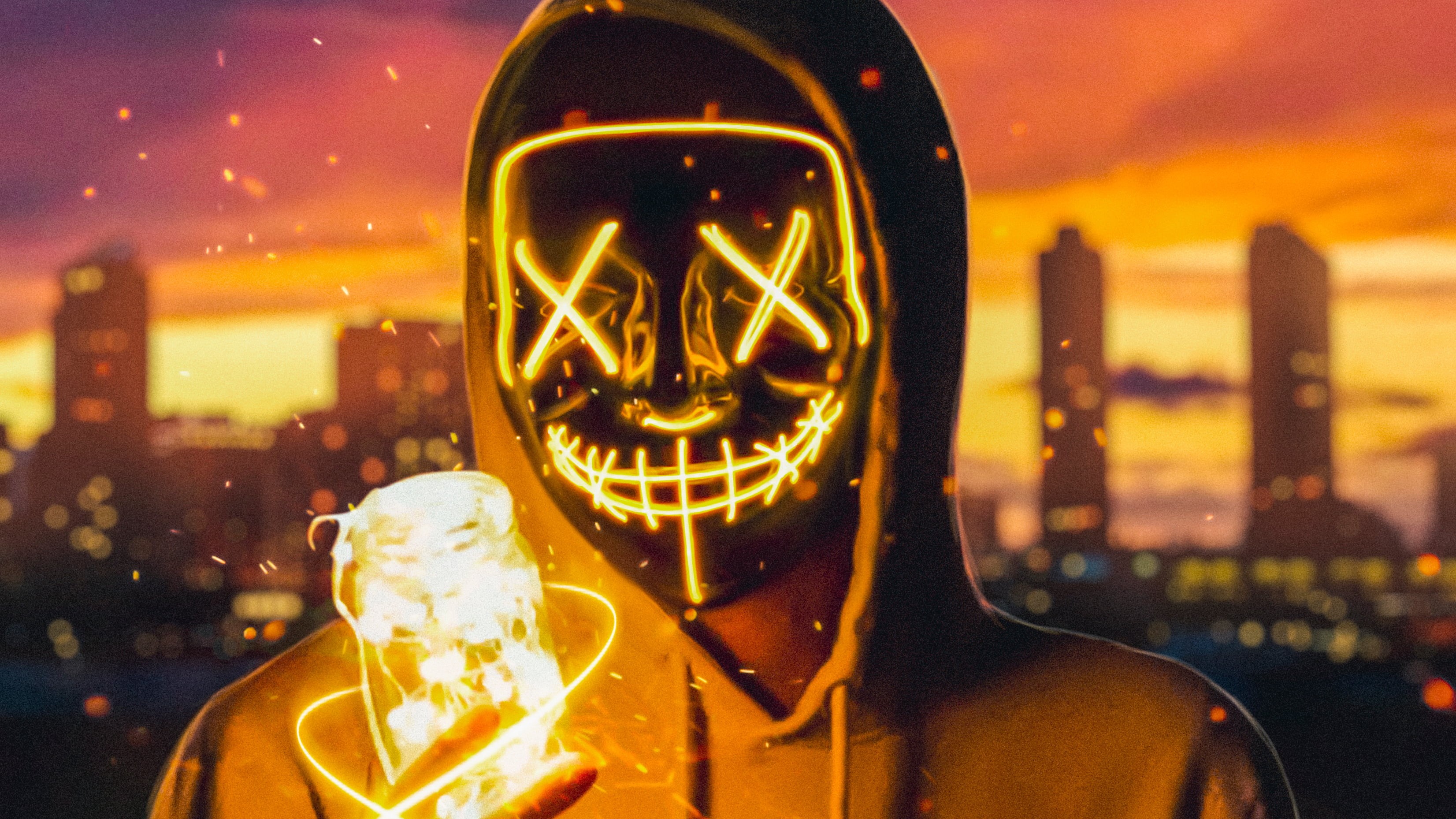 mask, light bulb, Masked, 2K, fire, neon, HD Wallpaper