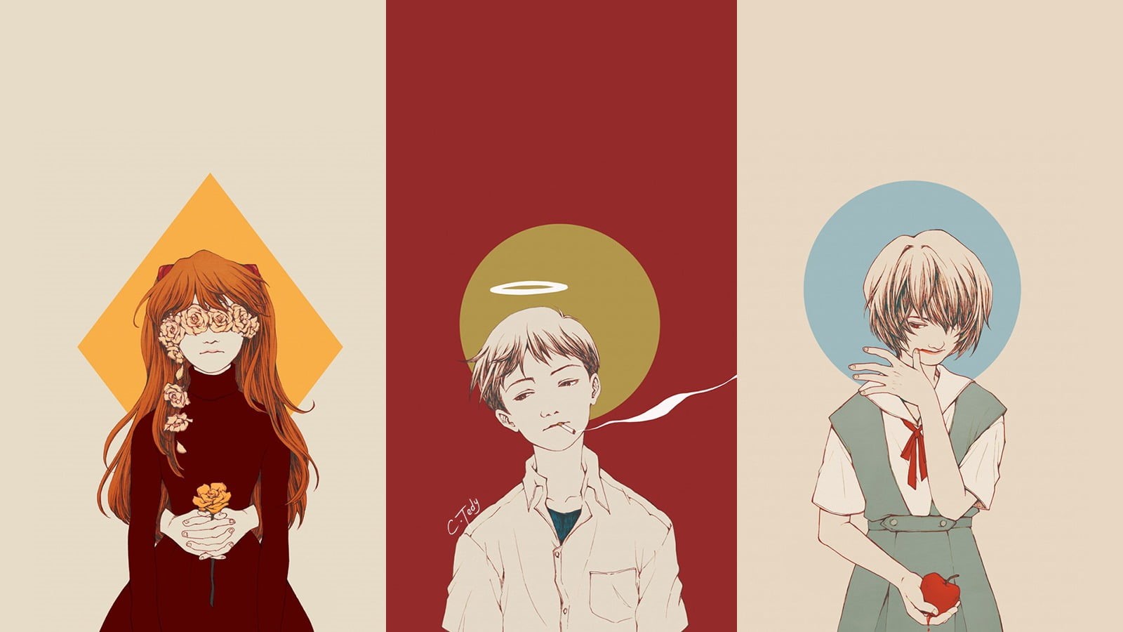 Ikari Shinji, Ayanami Rei, women, people, 720P, hairstyle, art and craft, males, young adult, Neon Genesis Evangelion, child, modern, creativity, painting, HD Wallpaper