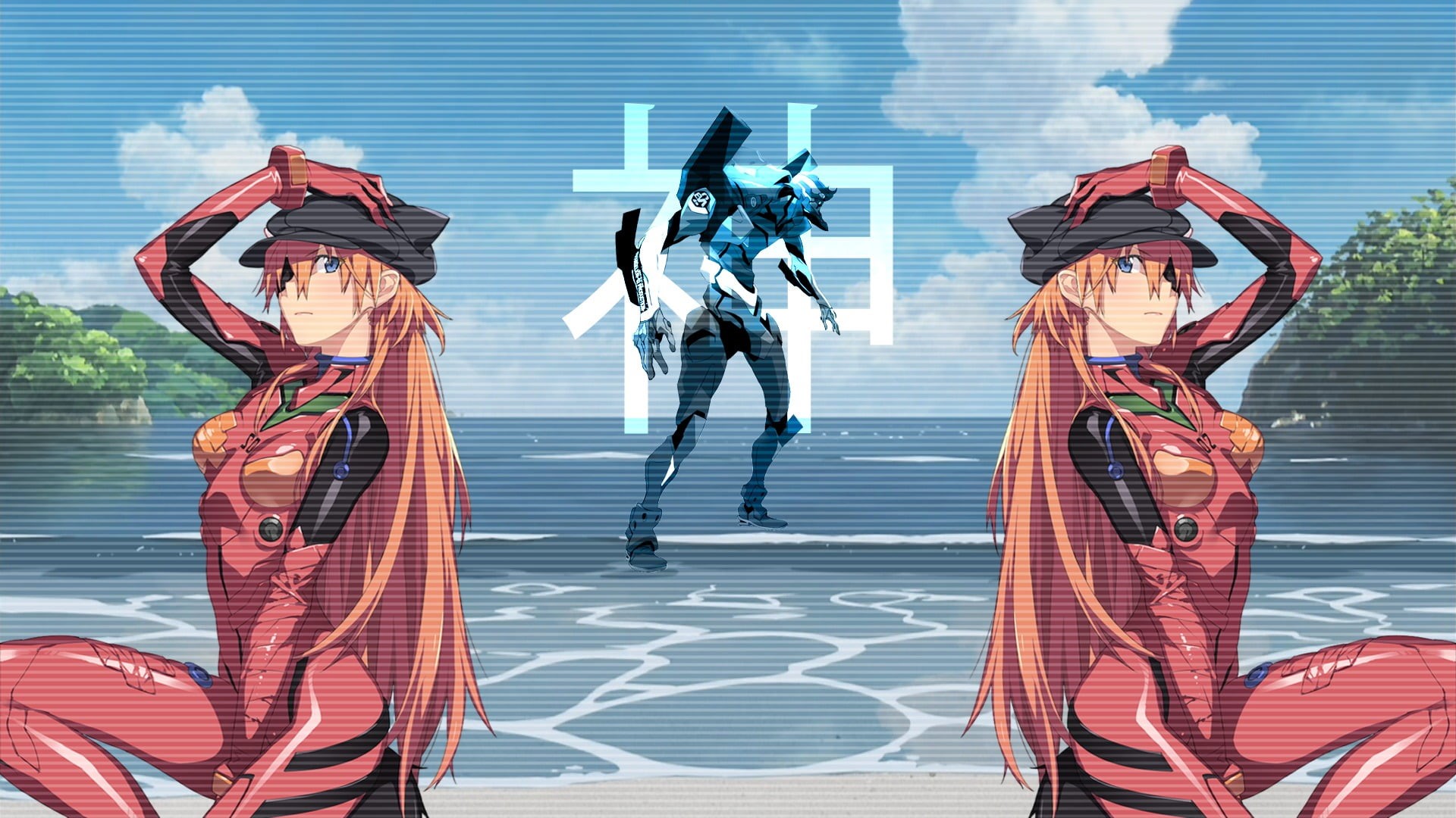 men, anime girls, EVA Unit 02, technology, 1080P, blue, business, Asuka Langley Soryu, representation, digital composite, water, people, Neon Genesis Evangelion, HD Wallpaper