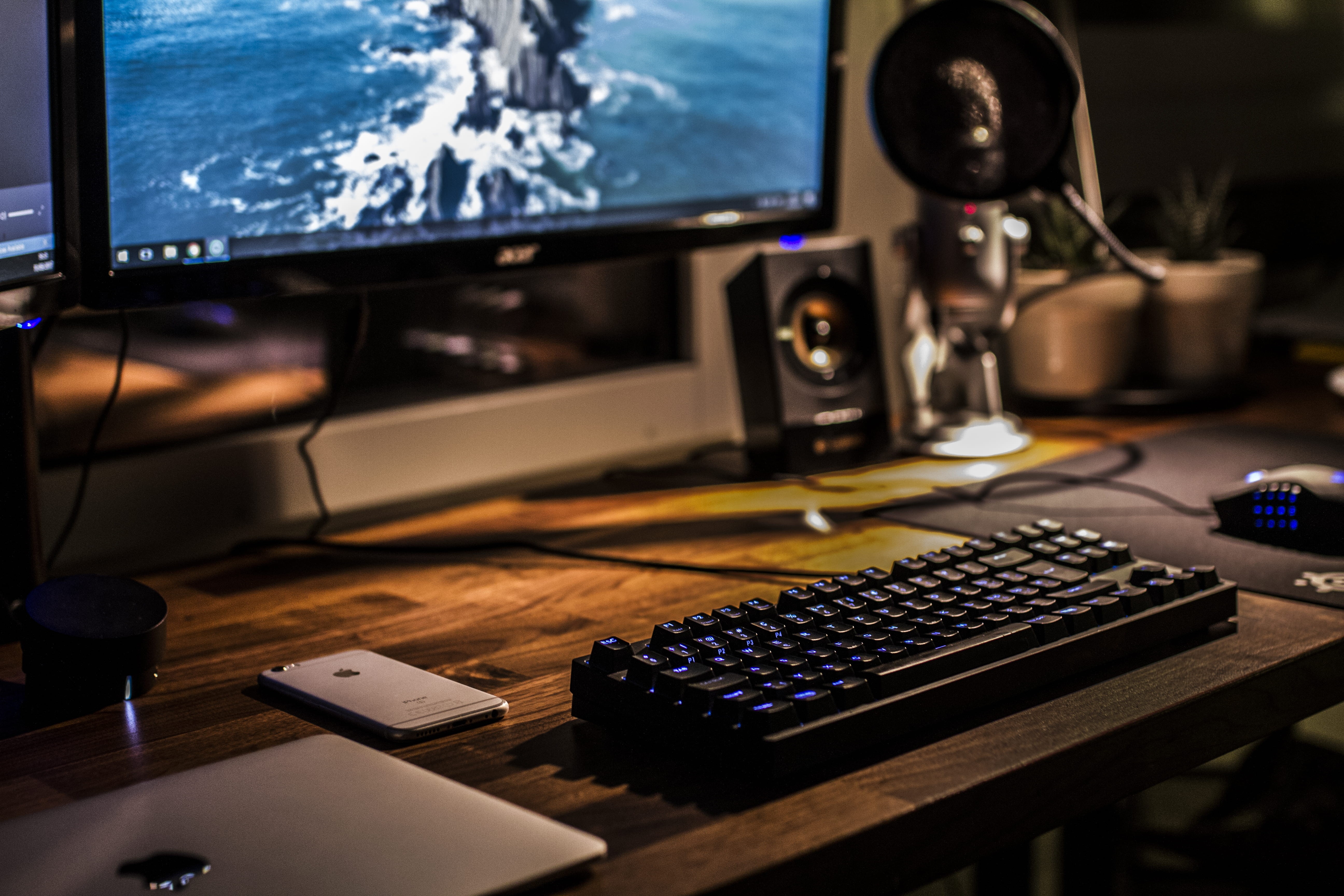keypad, corded, table, computer Monitor, screen, recording studio, furniture, gaming, mouse, desktop PC, wireless technology, equipment, computer Keyboard, HD Wallpaper
