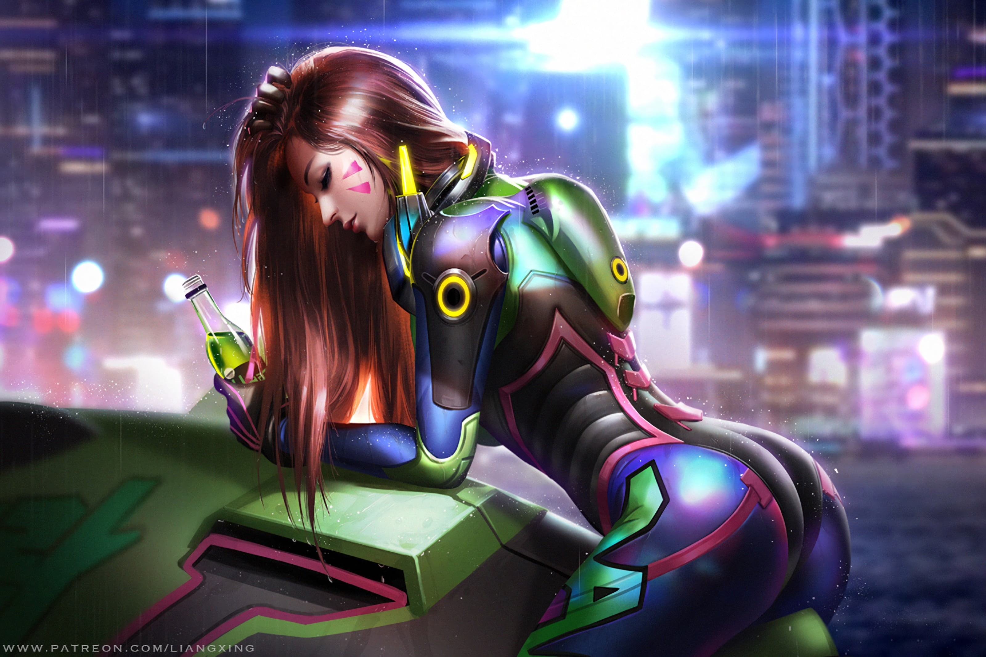 brown hair, Liang Xing, women, young women, one person, beauty, night, digital composite, technology, D.Va (Overwatch), females, Overwatch, outdoors, illuminated, HD Wallpaper