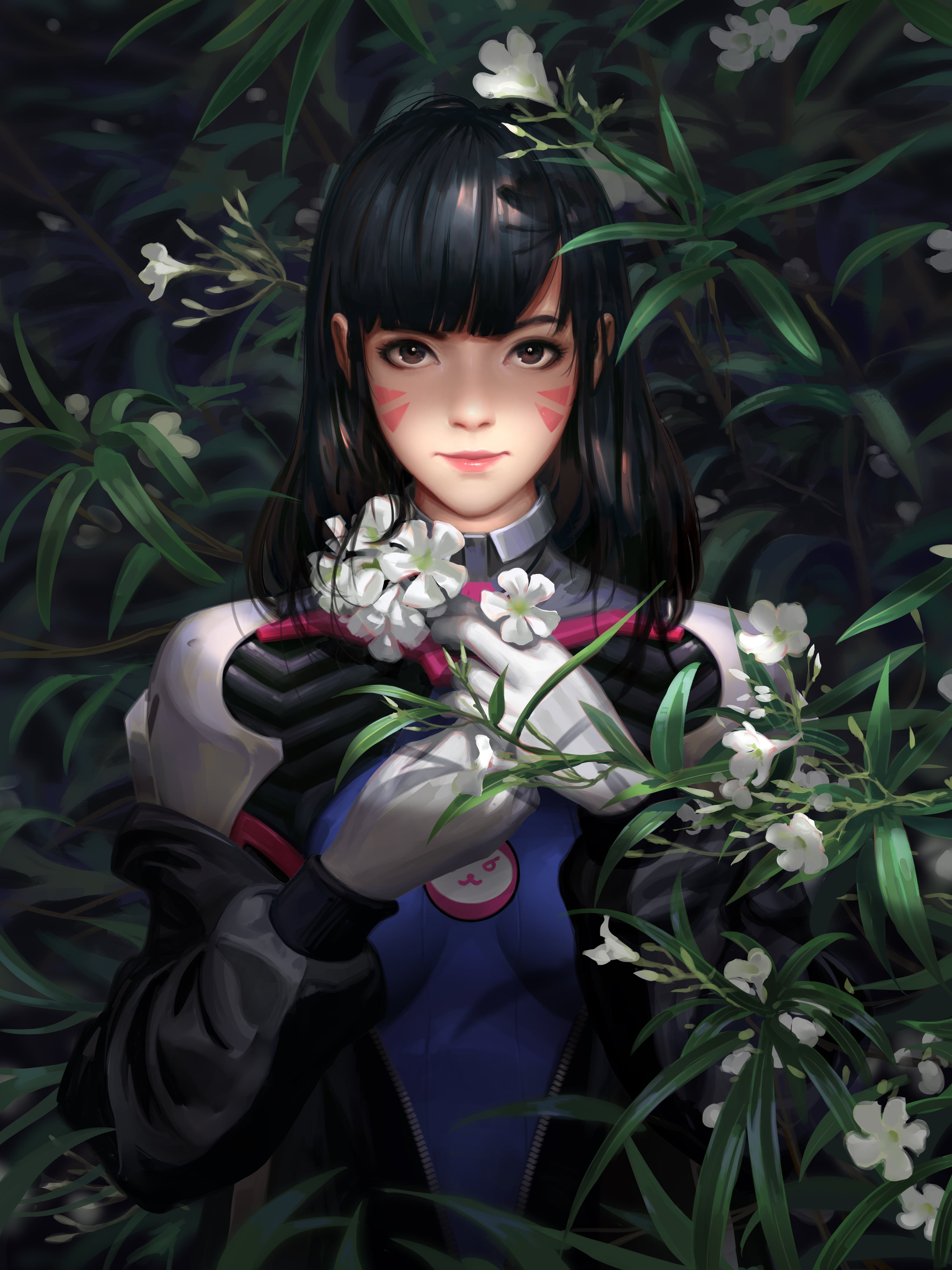 video game girls, drawing, nature, flowers, plants, portrait display, gloves, Liang-Xing, video game characters, fan art, jacket, Liang Xing, 4K, digital art, Phone HD Wallpaper