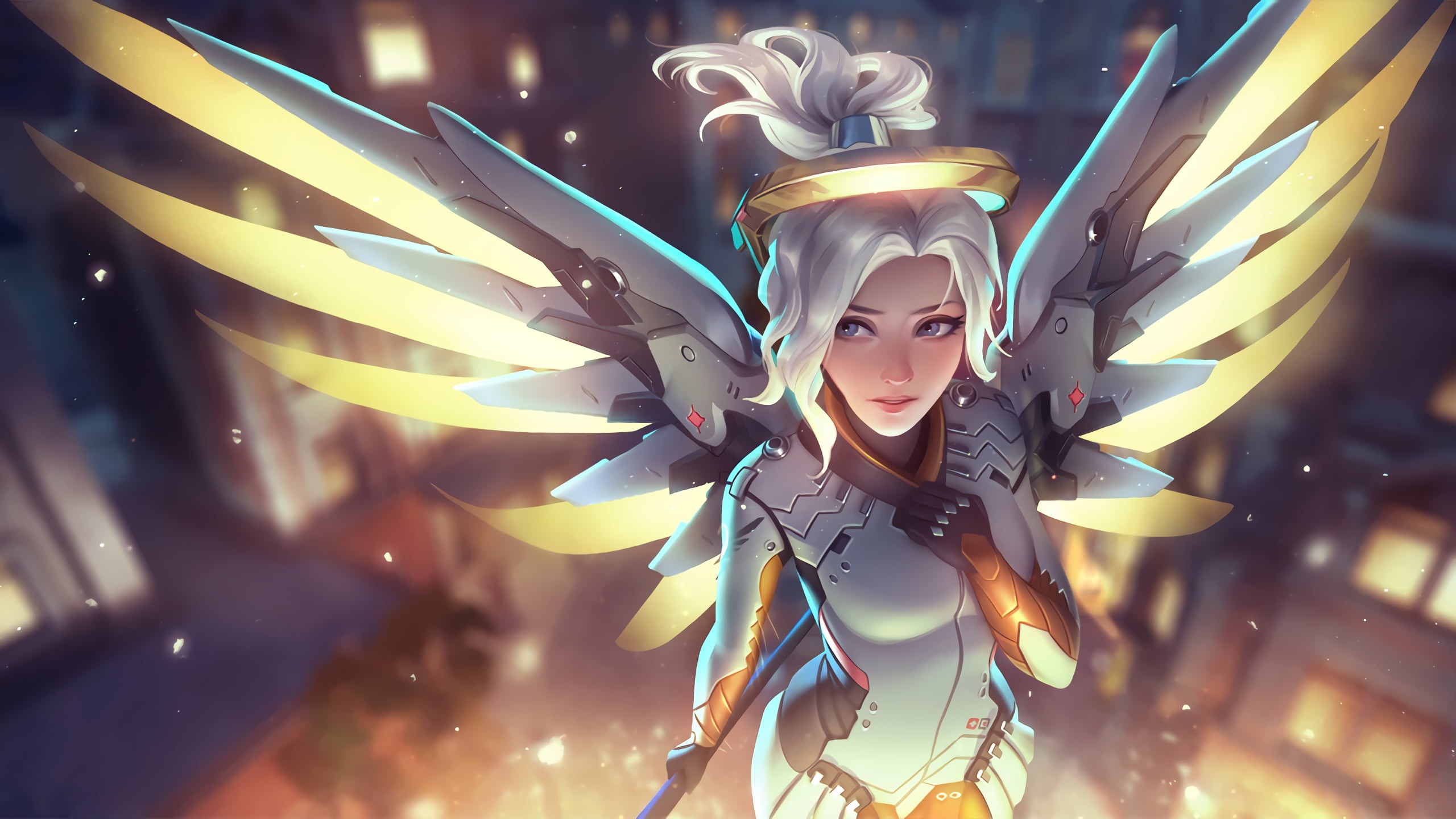 beauty, beautiful woman, young adult, adult, hair, illuminated, Mercy (Overwatch), character, looking, leisure activity, hairstyle, indoors, light, 2K, HD Wallpaper